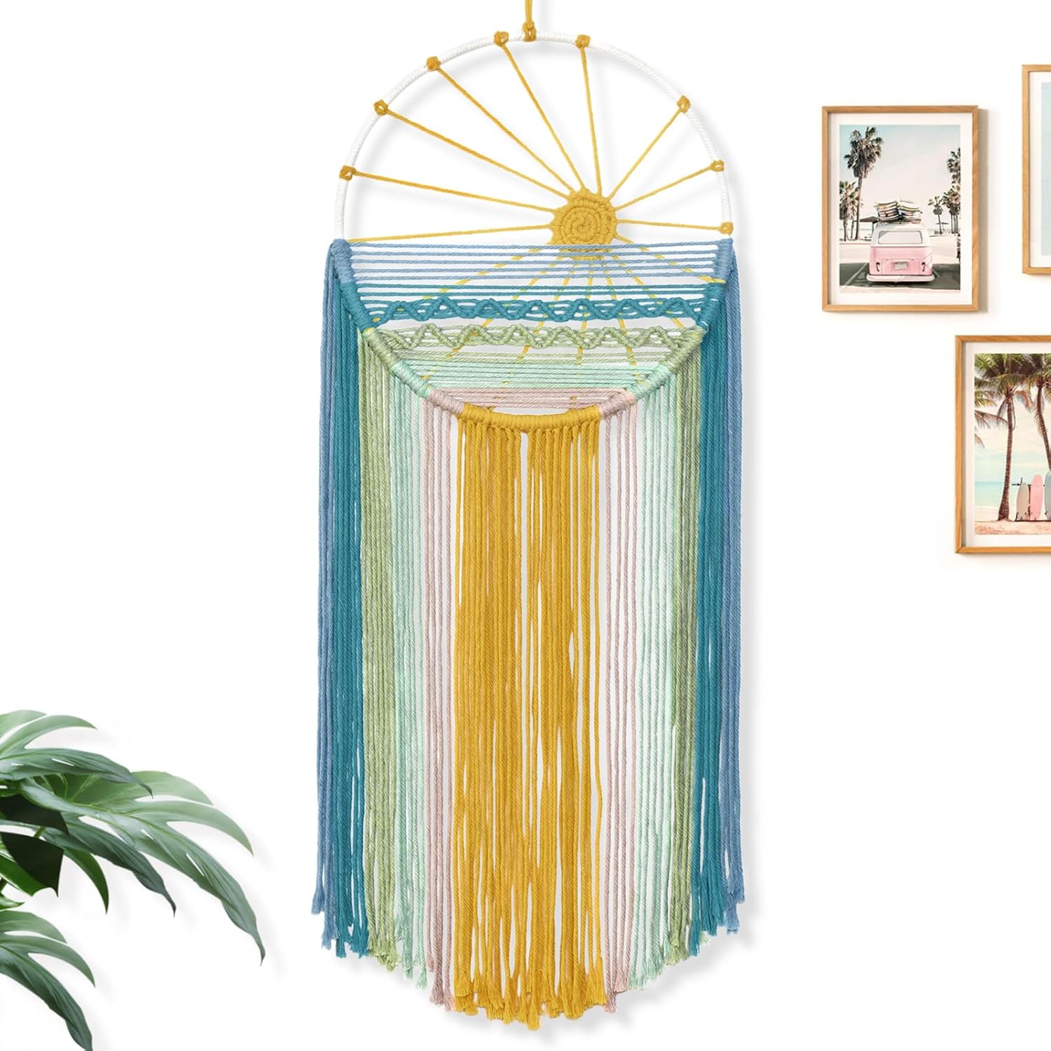 MEIVINES Macrame Wall Hanging,11.8x27.6 Inches Boho Sun Wall Art Decor,Woven Hanging Tapestry Tassels Handmade Colorful Tapestry for Bedroom Living Room Nursery Apartment