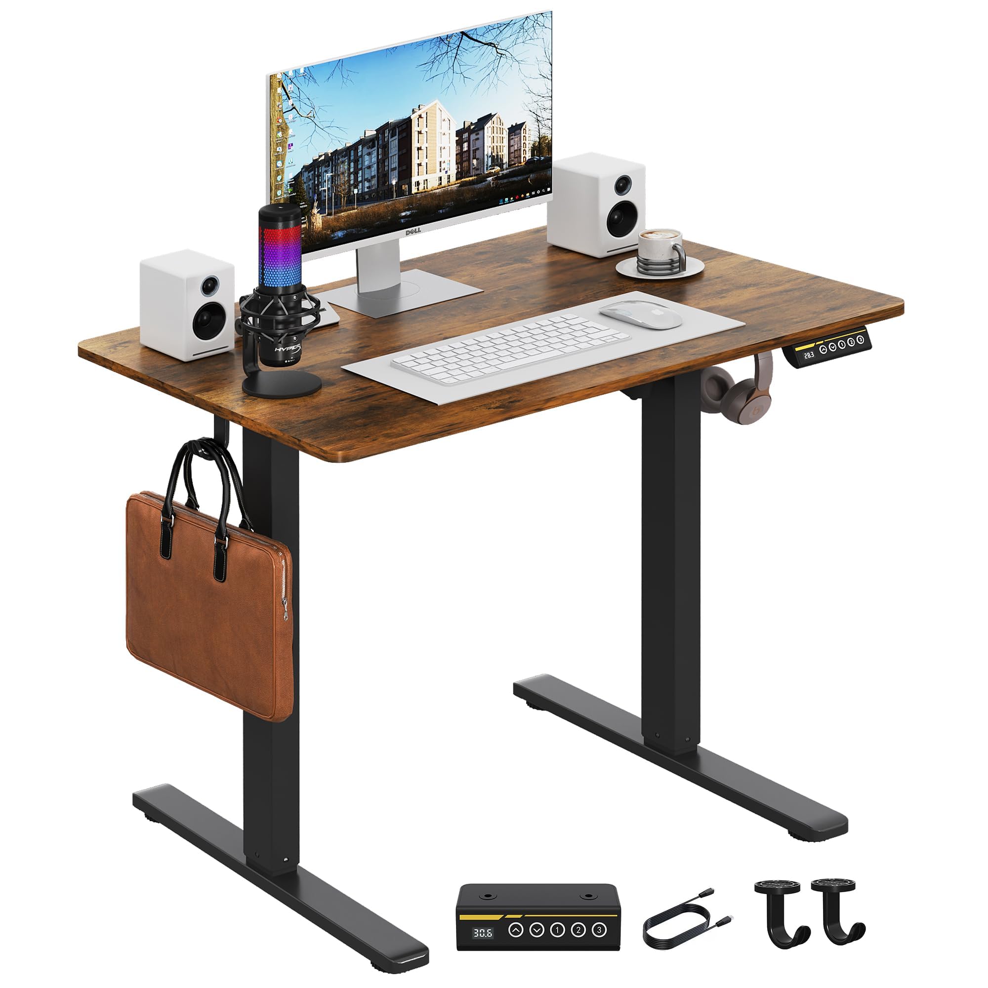 Electric Standing Desk,48x24 Inches Adjustable Height Stand up Desk, Sit Stand Home Office Desk with Splice Board, 3 Preset Heights,Equipped with Hooks,Ergonomic Computer Workstation，Brown