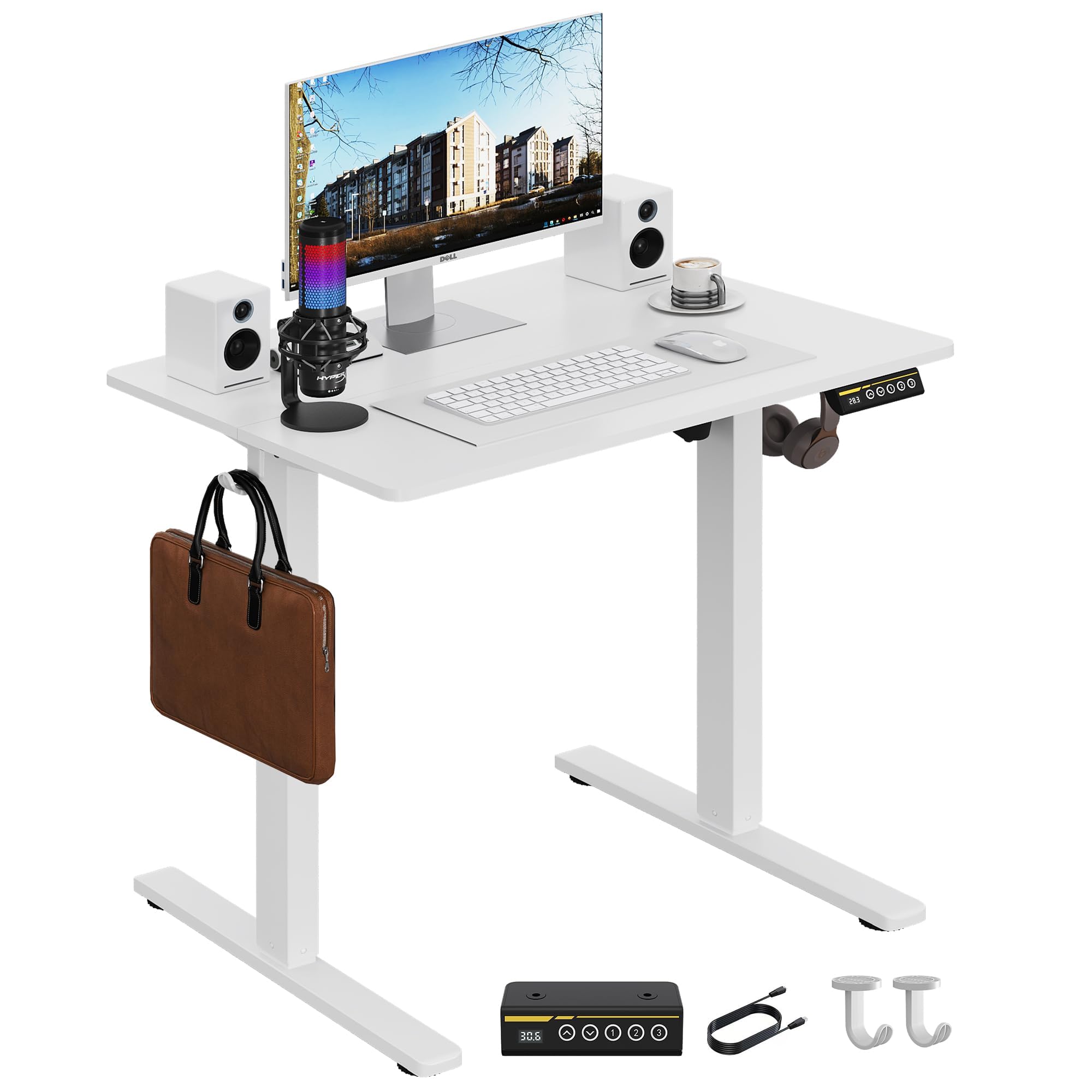 Electric Standing Desk,48x24 Inches Adjustable Height Stand up Desk, Sit Stand Home Office Desk with Splice Board, 3 Preset Heights,Equipped with Hooks,Ergonomic Computer Workstation，Brown