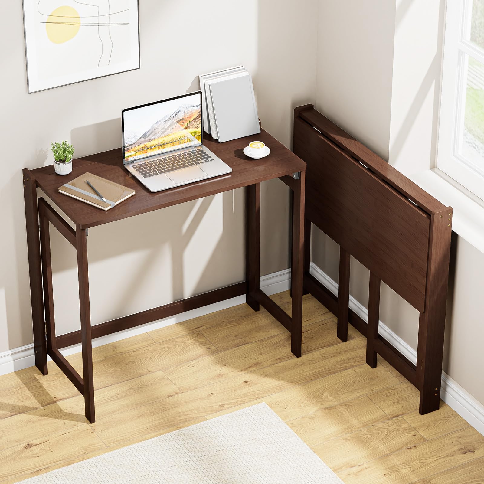 Bamboo Folding Desk for Small Spaces, Mid Century Small Computer Foldable Desk for Bedroom Home Office, Space Saving Sofa Table for Couch, Writing Work Office Desk,Brown