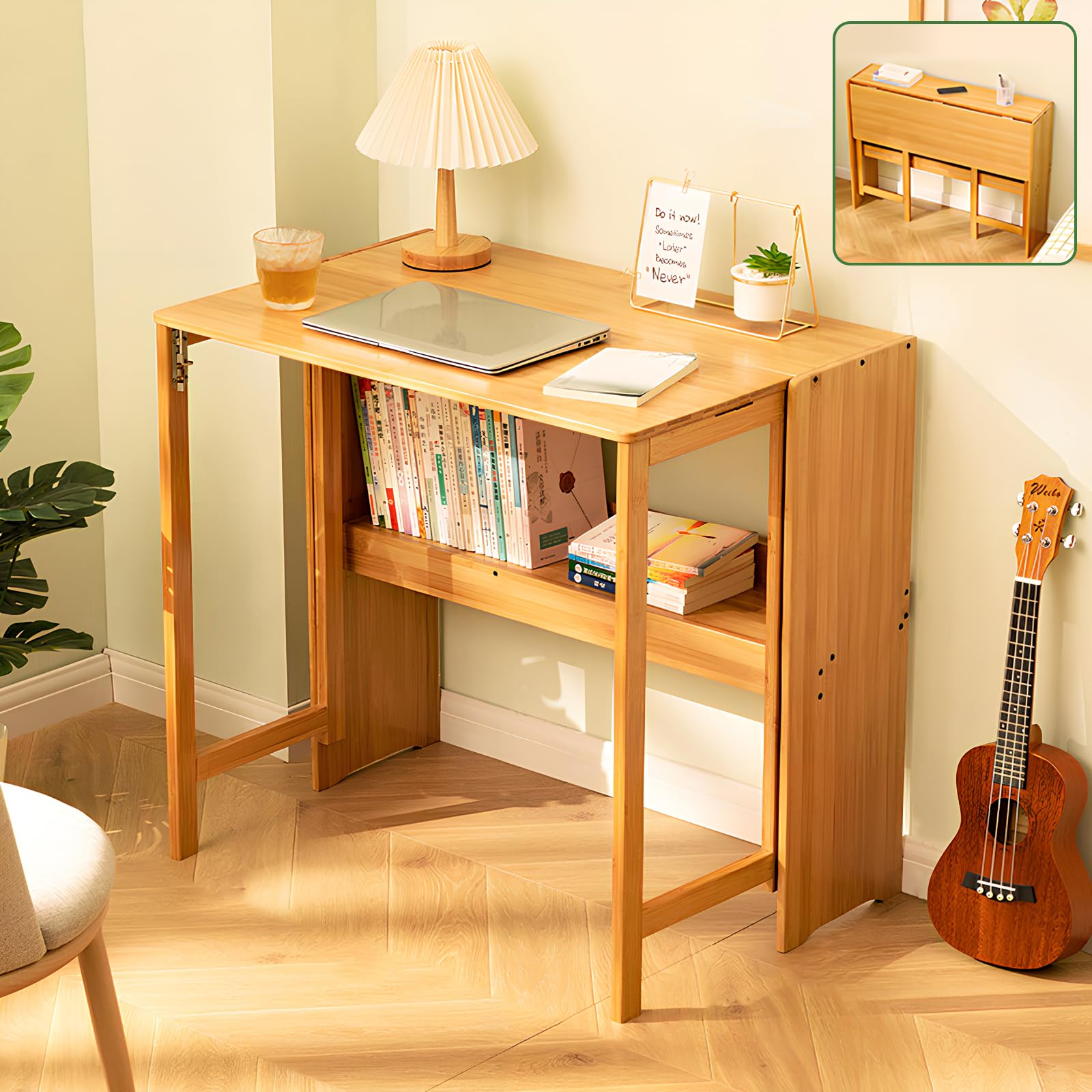 Bamboo Foldable Desk, Folding Desks for Small Spaces, 32.68 Inch Small Foldable Computer Table, Space Saving Sofa Table for Couch, Bedroom or Home Office, Brown
