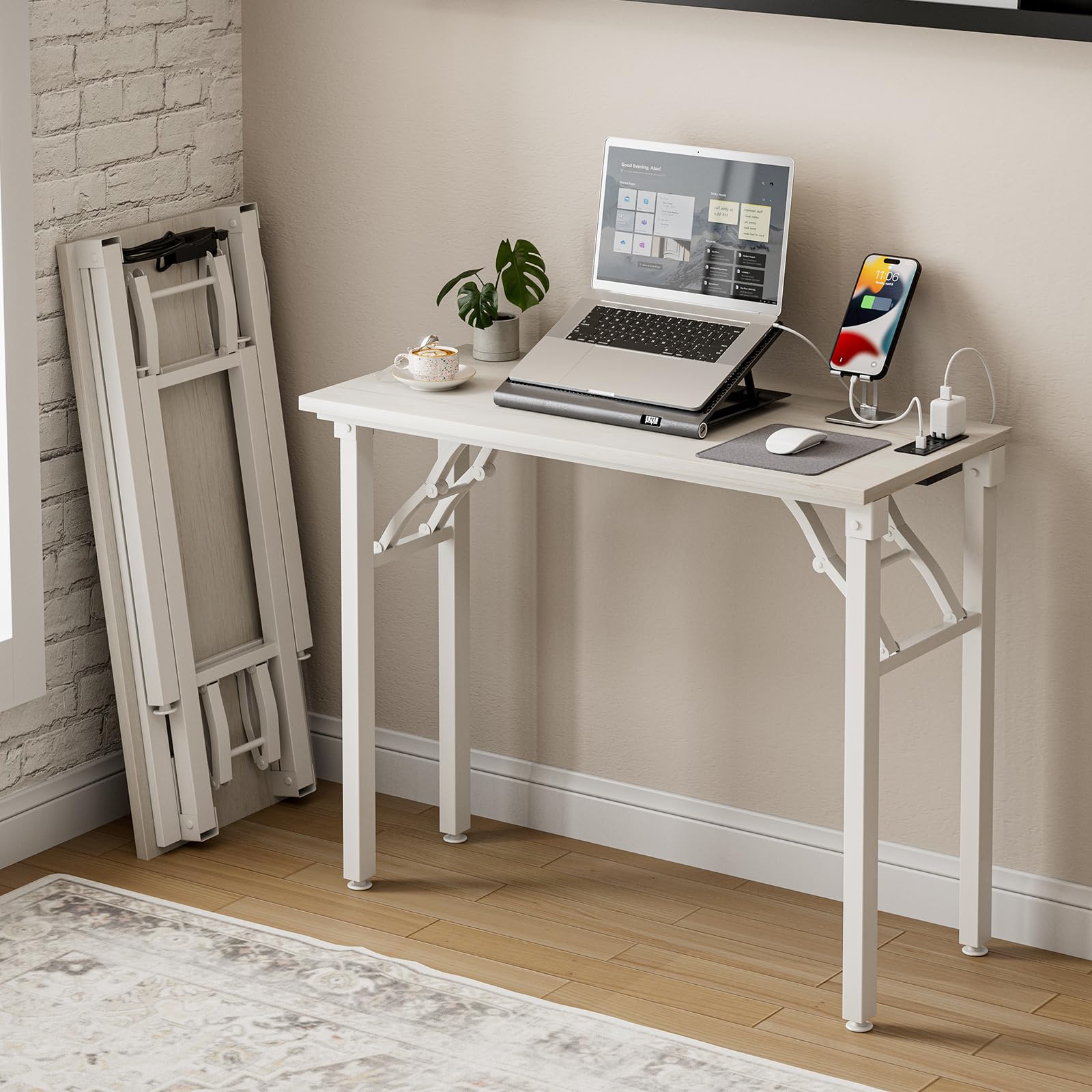Frylr Small Folding Computer Desk – 35.8 Inch Portable Table for Craft and Study, Lightweight Desk for Small Spaces, Foldable Laptop Table Built-in AC/USB Outlets for Convenience, Dark Walnut
