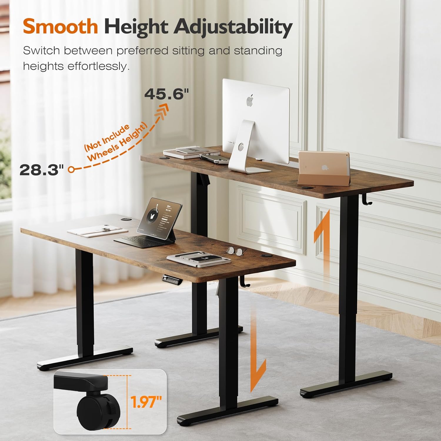 Monomi Electric Height Adjustable Standing Desk, 48x24 Inches, Ergonomic Home Office Sit/Stand Up Desk with Two-Piece Desktop (Black Steel Frame/Rustic Brown Top)