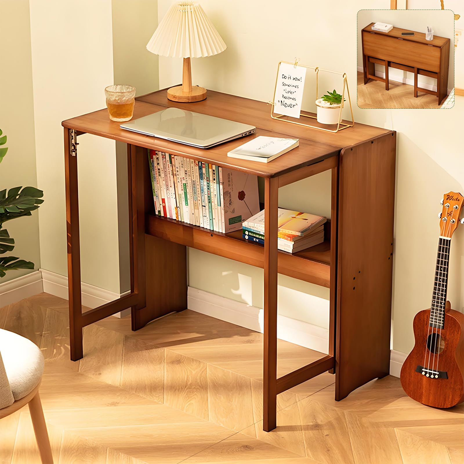 Bamboo Foldable Desk, Folding Desks for Small Spaces, 32.68 Inch Small Foldable Computer Table, Space Saving Sofa Table for Couch, Bedroom or Home Office, Brown