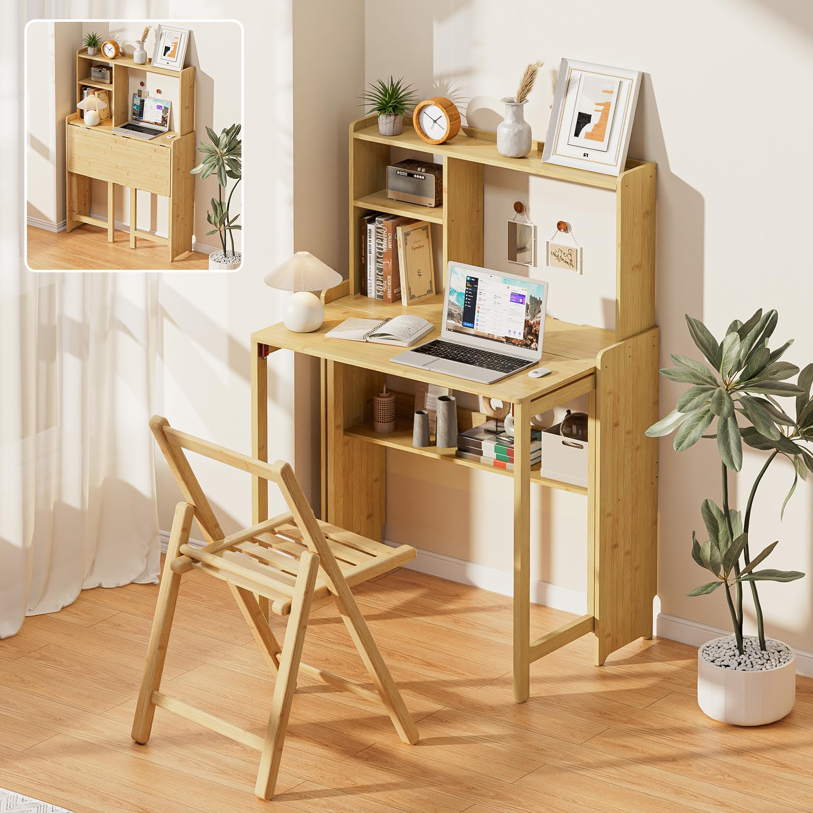 Bamboo Folding Desk for Small Spaces, Mid Century Small Computer Foldable Desk for Bedroom Home Office, Space Saving Sofa Table for Couch, Writing Work Office Desk,Brown