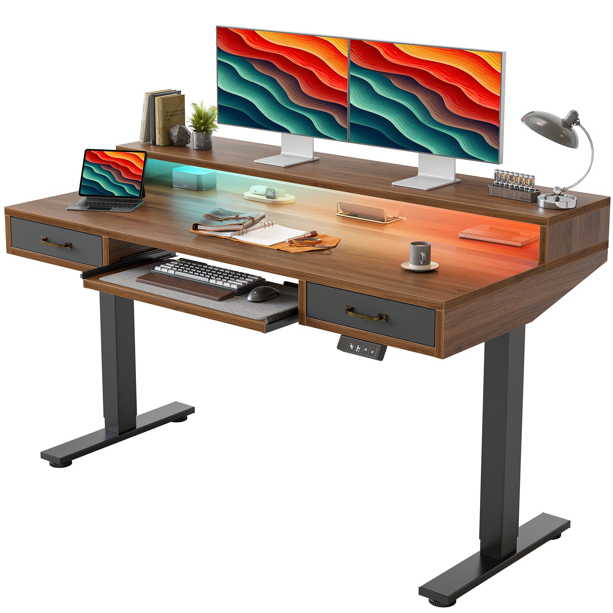 TIQLAB Standing Desk with Two Drawers, Stand Up Standing Desk Adjustable Height, Electric Sit Stand Table with Storage Shelf and Splice Board, 55 * 24 inch, Maple
