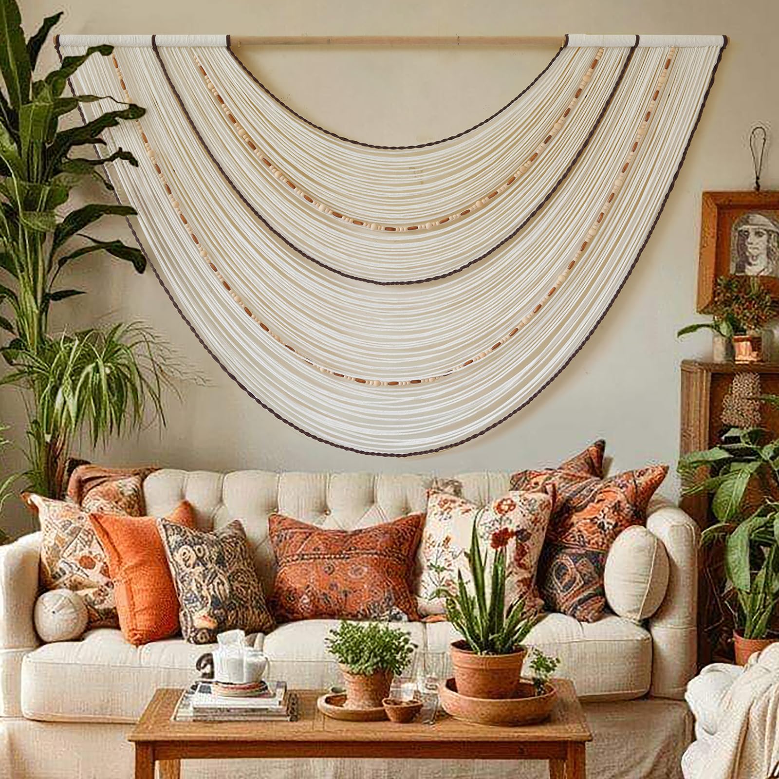 Flber Macrame Wall Hanging Handcrafted Boho Wall Decor Bead Woven Wall Hanging for Bedroom, Living Room, Entryway, Farmhouse or Nursery Bohemian Home Aesthetic 57"x35"