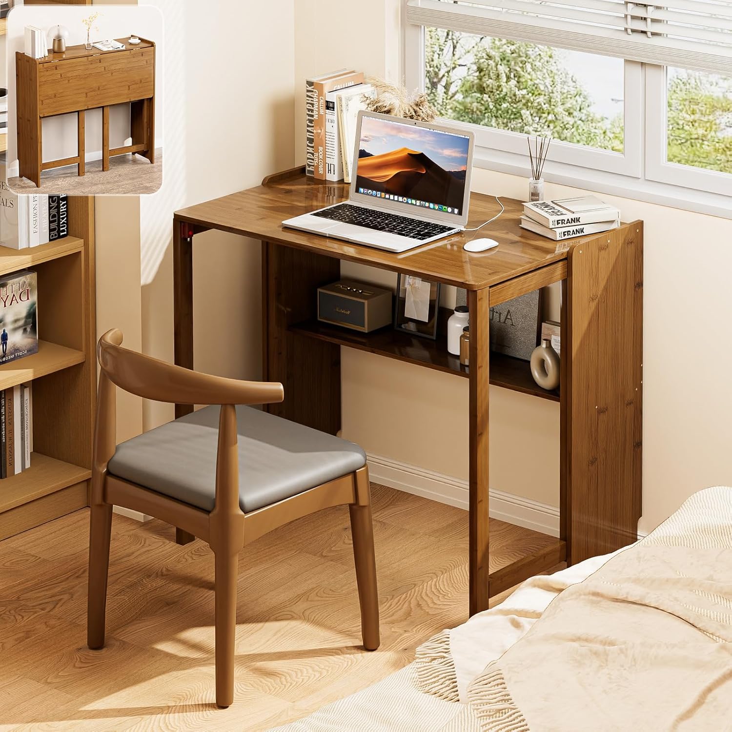 Bamboo Folding Desk for Small Spaces, Mid Century Small Computer Foldable Desk for Bedroom Home Office, Space Saving Sofa Table for Couch, Writing Work Office Desk,Brown