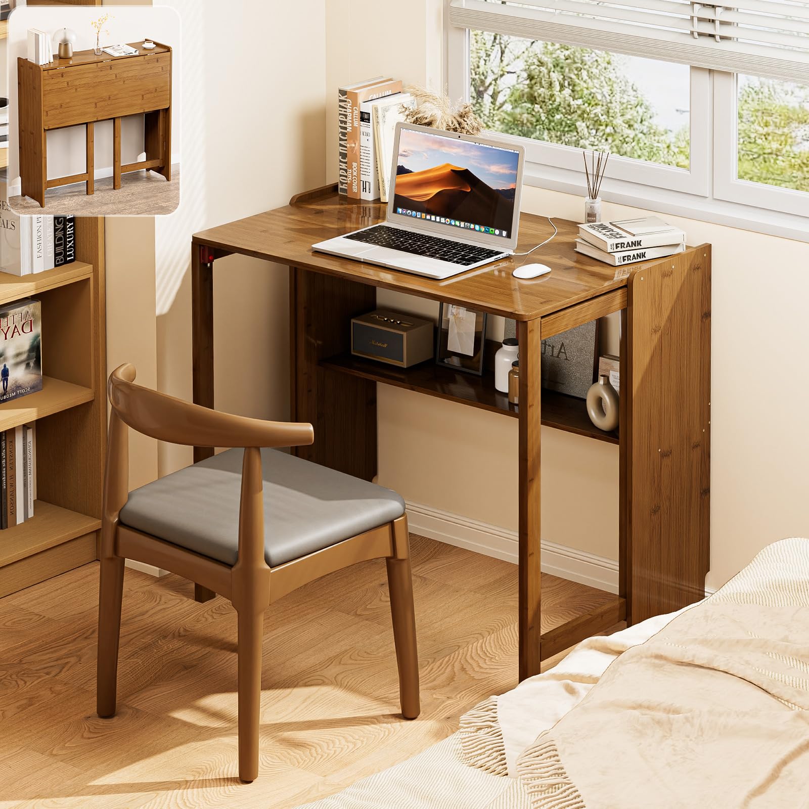 Bamboo Folding Desk for Small Spaces, Mid Century Small Computer Foldable Desk for Bedroom Home Office, Space Saving Sofa Table for Couch, Writing Work Office Desk,Brown