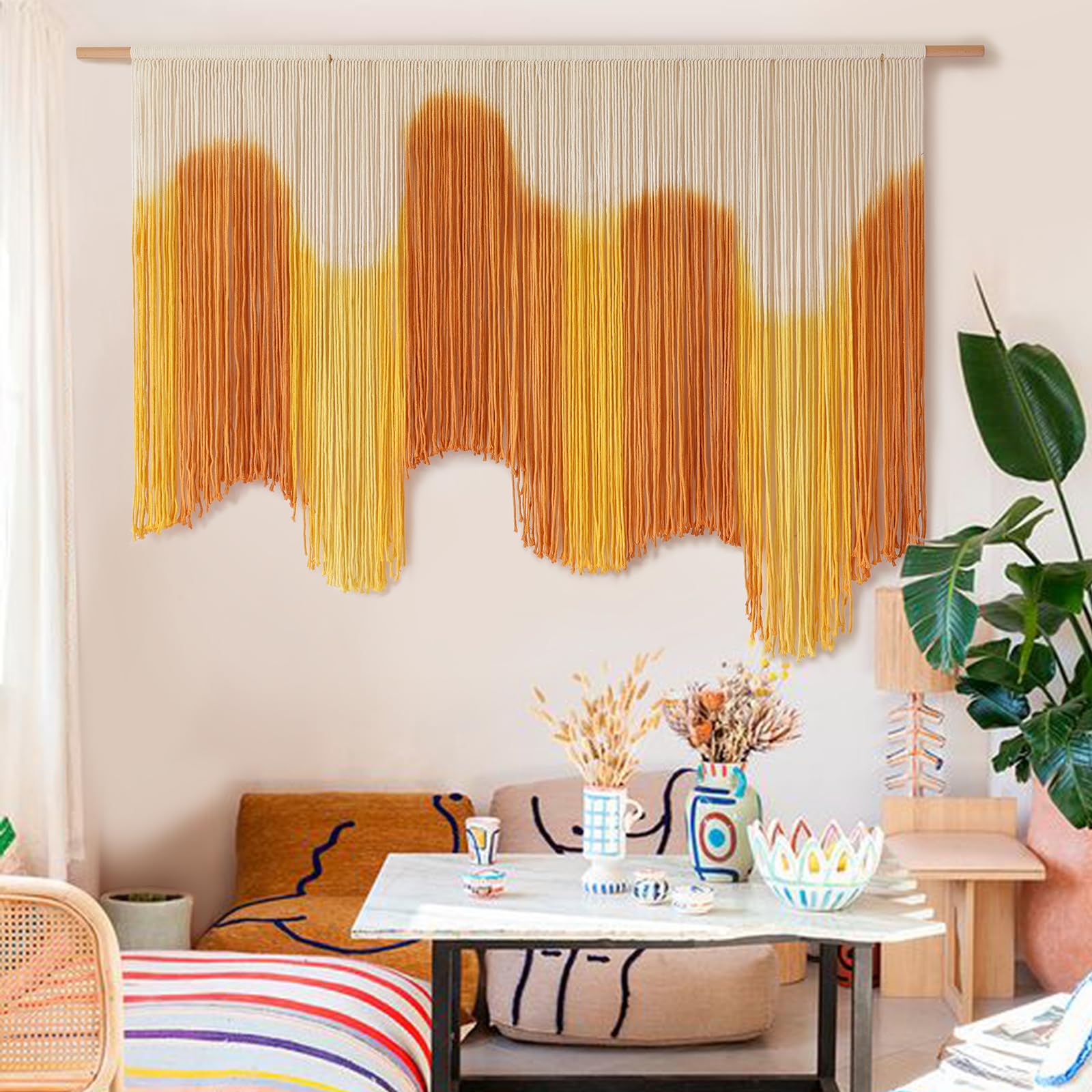 IOWER Large Macrame Wall Hanging Boho Wall Art Green Fiber Dip-Dyed Handmade Macrame Cord for Headboard Bedroom Living Room Fireplace 57" W x 39" L