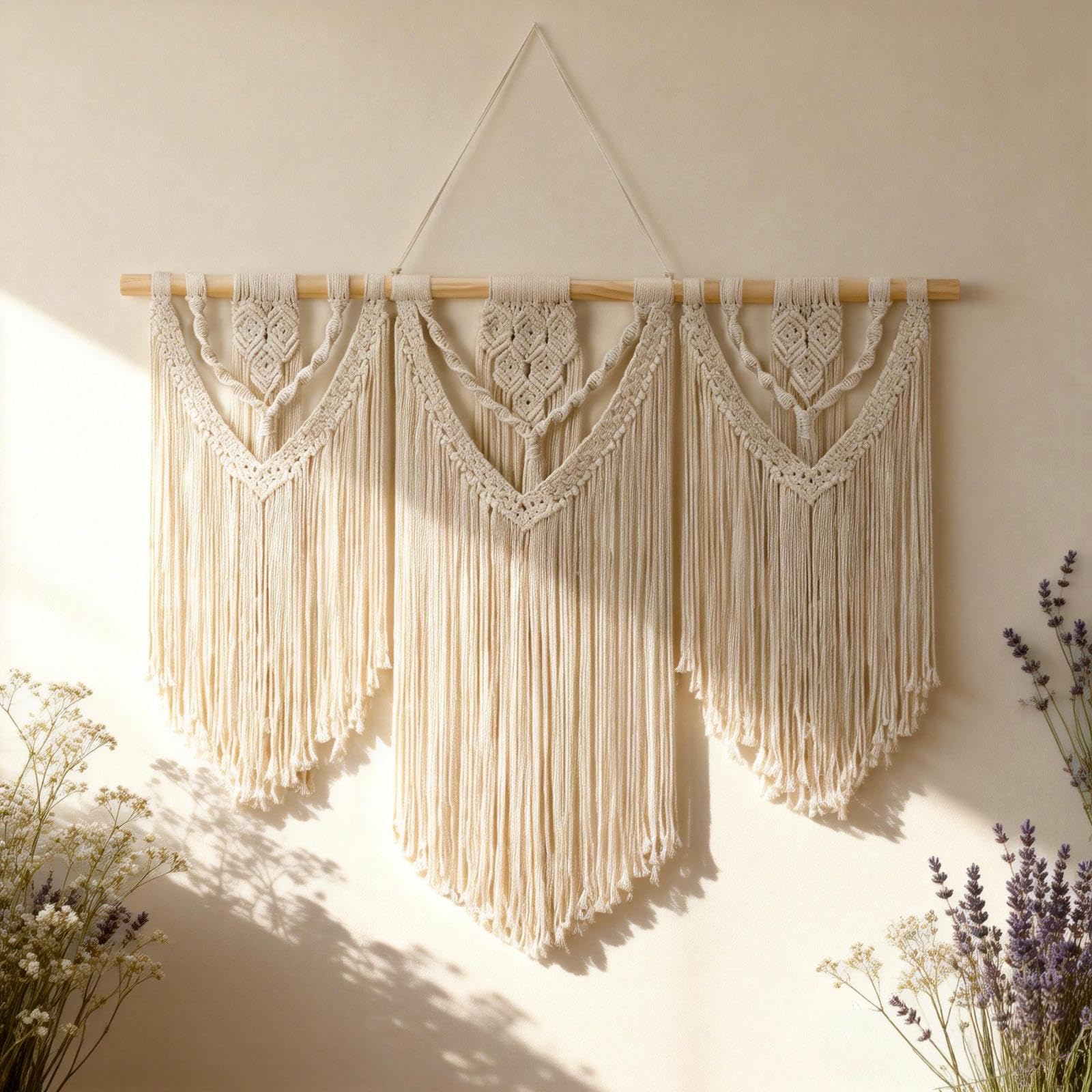 Tempospark Large Macrame Wall Hanging, 43" Wx32 L Boho Wall Hangings for Living Room Bedroom Nursery, Boho Chic Large Macrame Tapestry for Bedroom Wall Decor (Leaf Bead)
