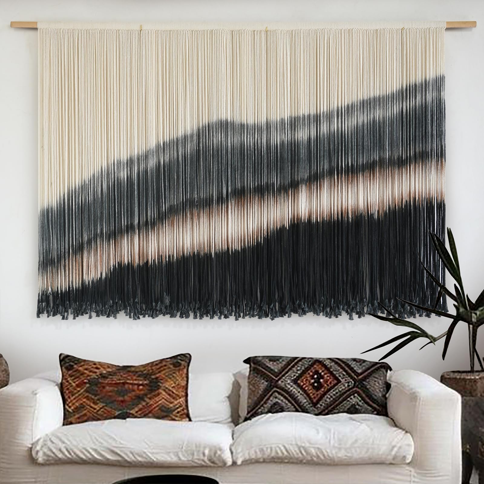 Macrame Wall Hanging Blue dip dye Handcrafted Decorative Art for Living Room Bedroom or Office Boho Chic Modern Wall Decor with Unique Beadwork 57" W × 43" L