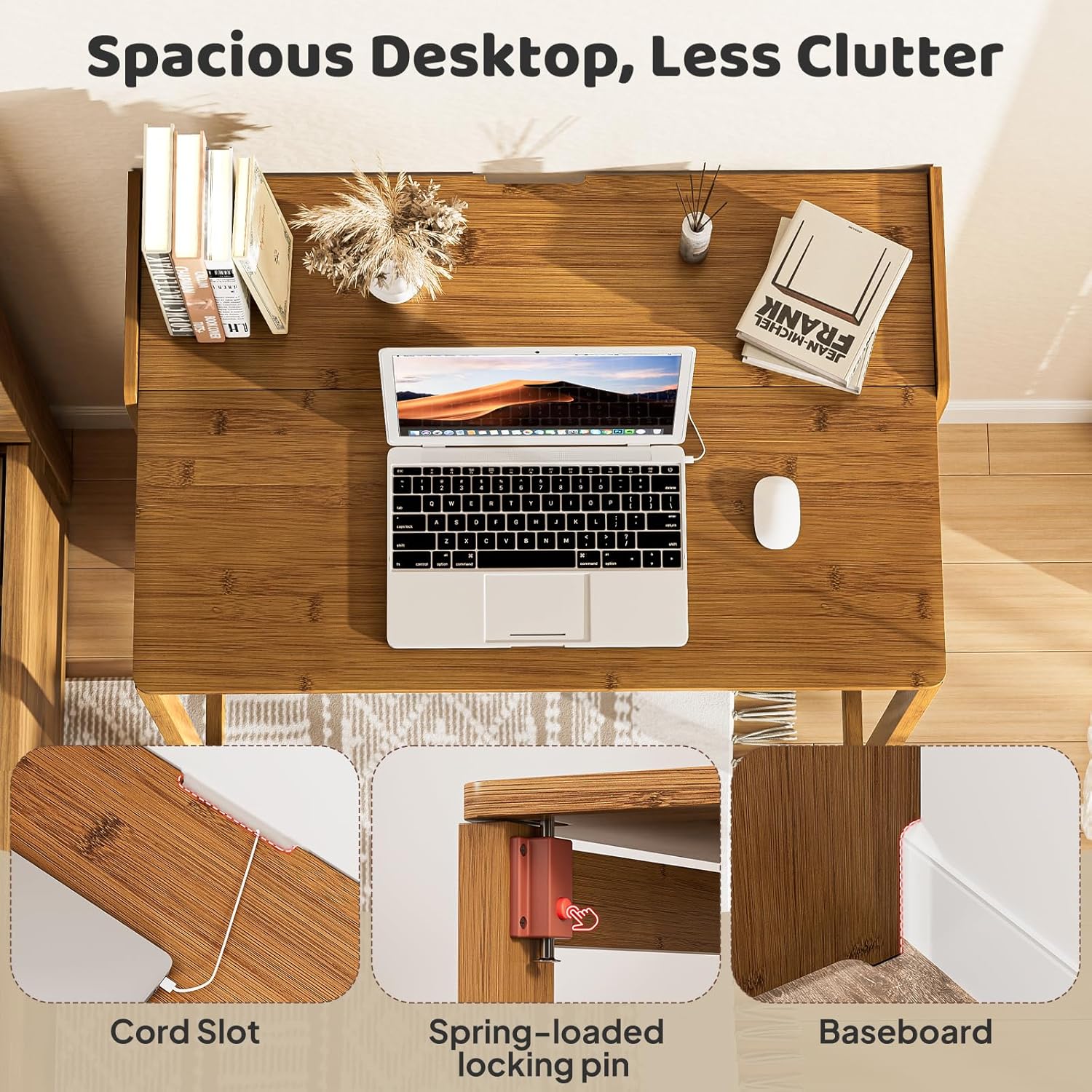 Bamboo Folding Desk for Small Spaces, Mid Century Small Computer Foldable Desk for Bedroom Home Office, Space Saving Sofa Table for Couch, Writing Work Office Desk,Brown