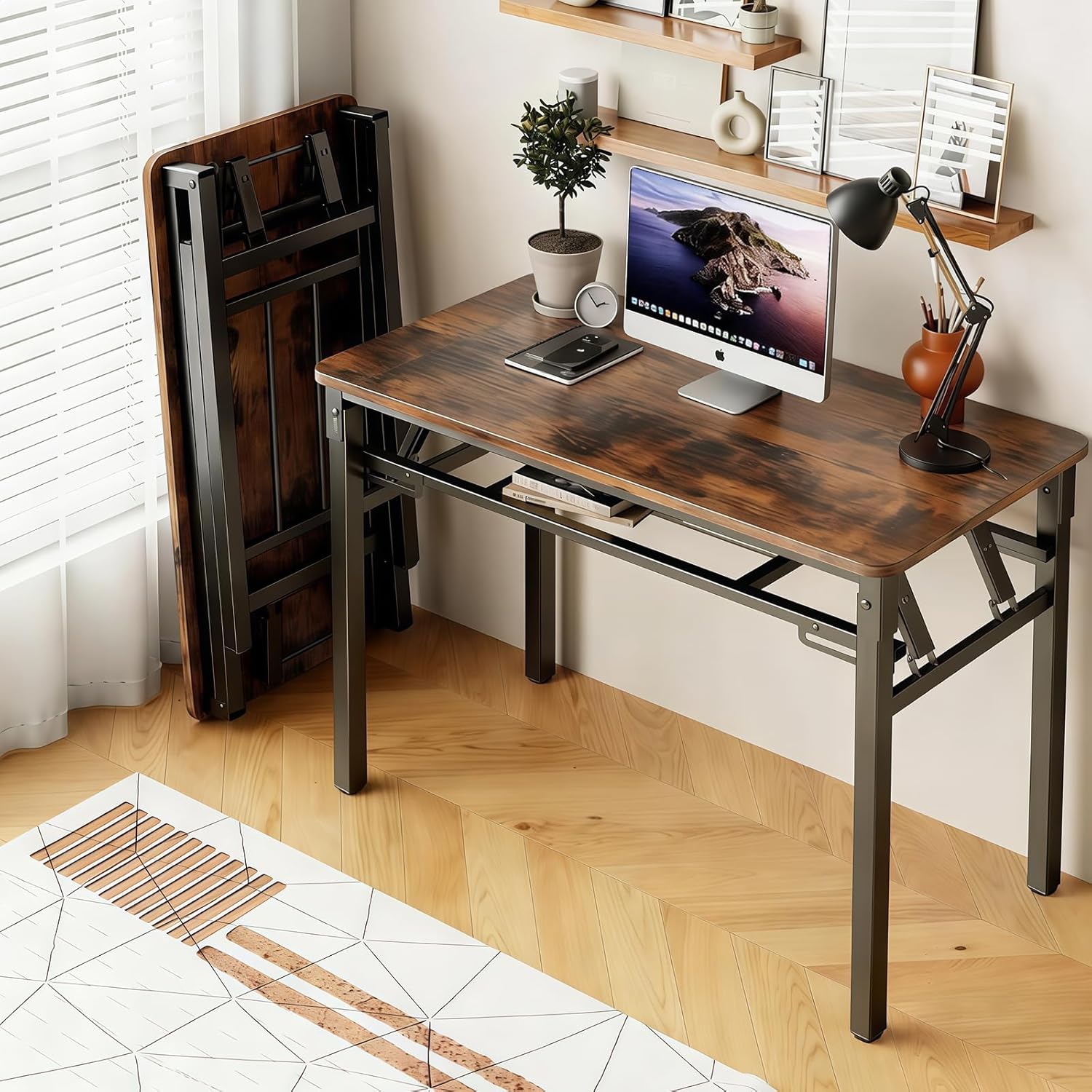 BYMECOST 39 inches Folding Computer Desk, No Assembly Long Foldable Office Table, Portable Large Foldable Home Office Desk, No Install Activity Table Conference Table (Brown, 39.4")