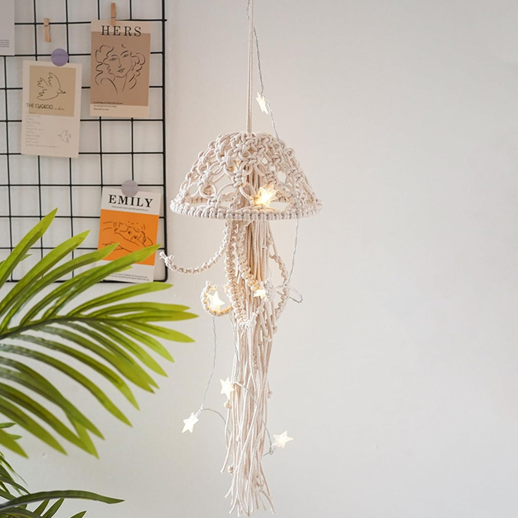 Macrame Wall Hanging,Jellyfish Dream Catcher with Star Lights,Bohemian Woven Wall Art Decor Beautiful Apartment Dorm Room Door Decoration (White)