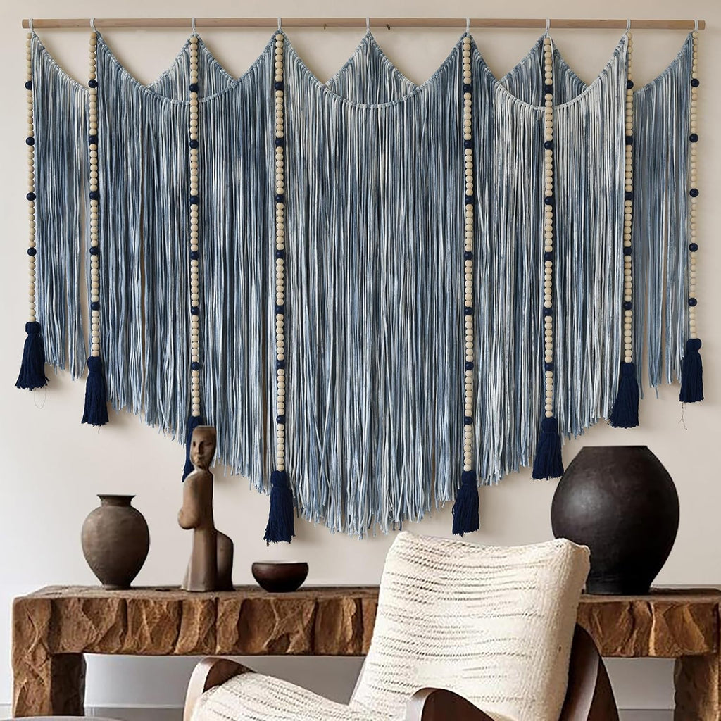 Macrame Wall Hanging Blue dip dye Handcrafted Decorative Art for Living Room Bedroom or Office Boho Chic Modern Wall Decor with Unique Beadwork 57" W × 43" L