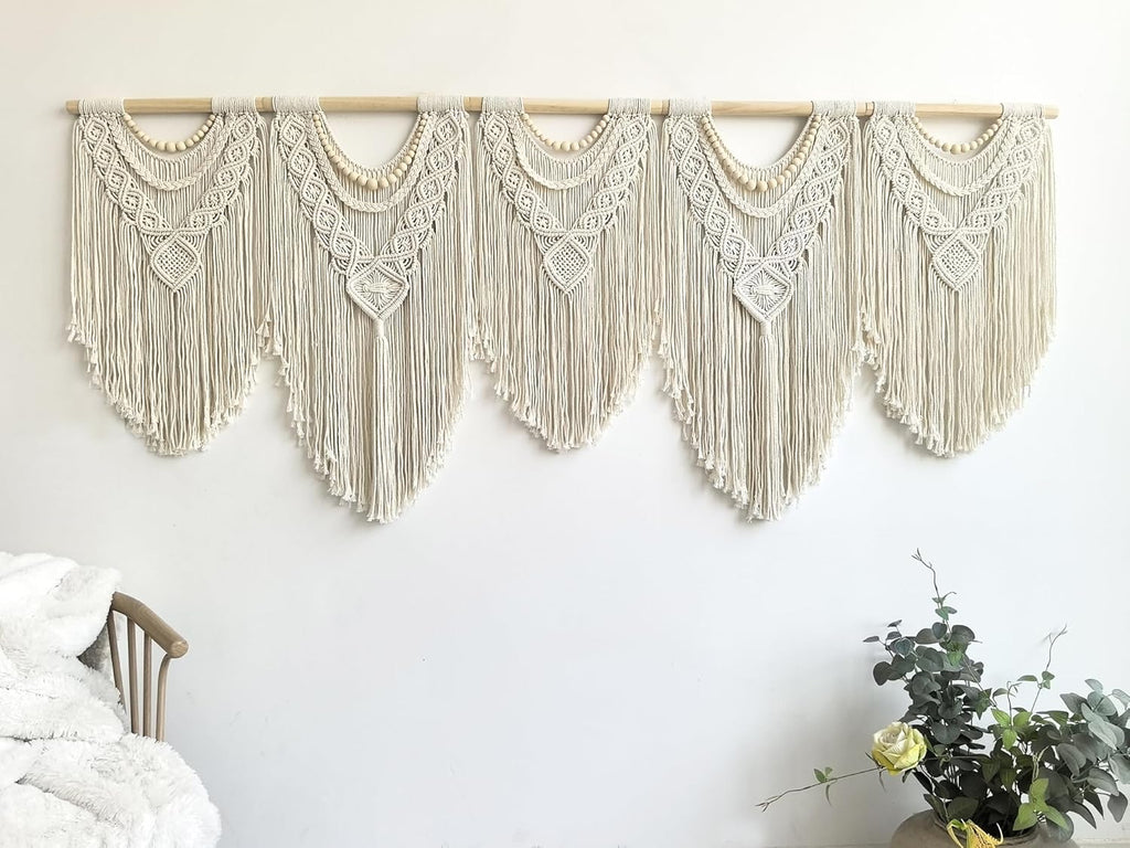 Extral Large macrame wall hanging, 71'' W x 32'' L boho wall art tapestry wall decor for urban entryway,living room,bedroom decor, headboard woven wall art, big fiber art over couch art for Yarn hallway (Wood Bead-B)