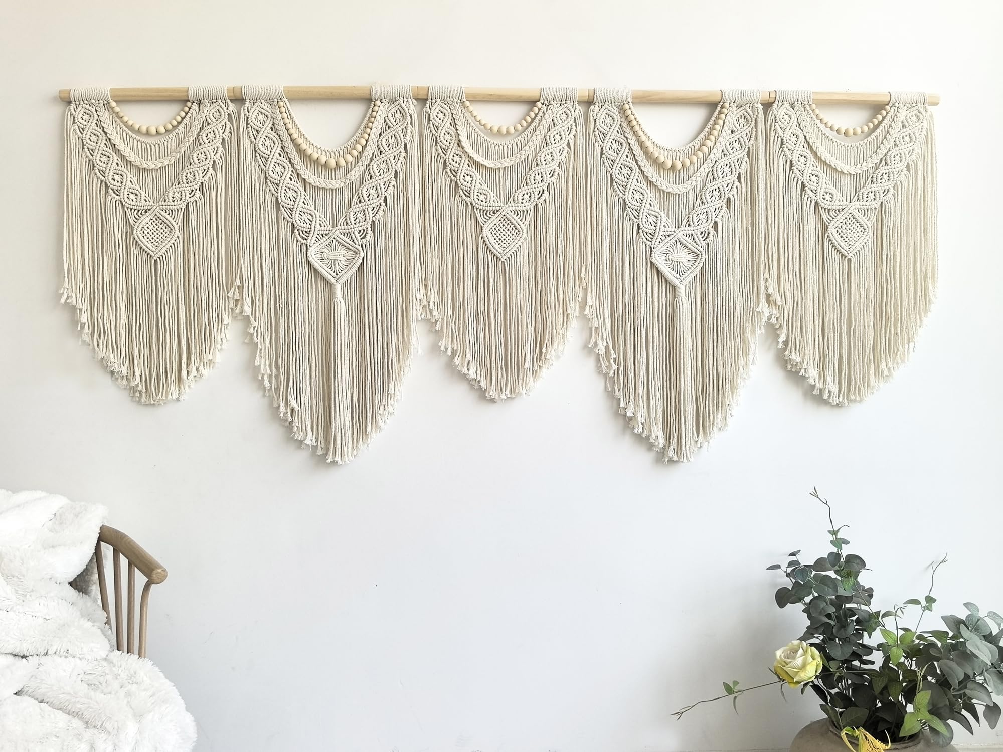 Extral Large macrame wall hanging, 71'' W x 32'' L boho wall art tapestry wall decor for urban entryway,living room,bedroom decor, headboard woven wall art, big fiber art over couch art for Yarn hallway (Wood Bead-B)