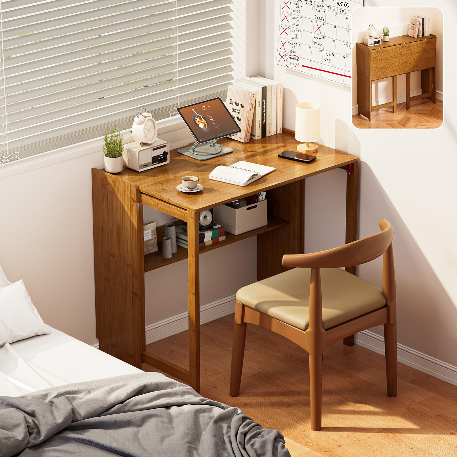 Bamboo Foldable Desk, Folding Desks for Small Spaces, 32.68 Inch Small Foldable Computer Table, Space Saving Sofa Table for Couch, Bedroom or Home Office, Brown