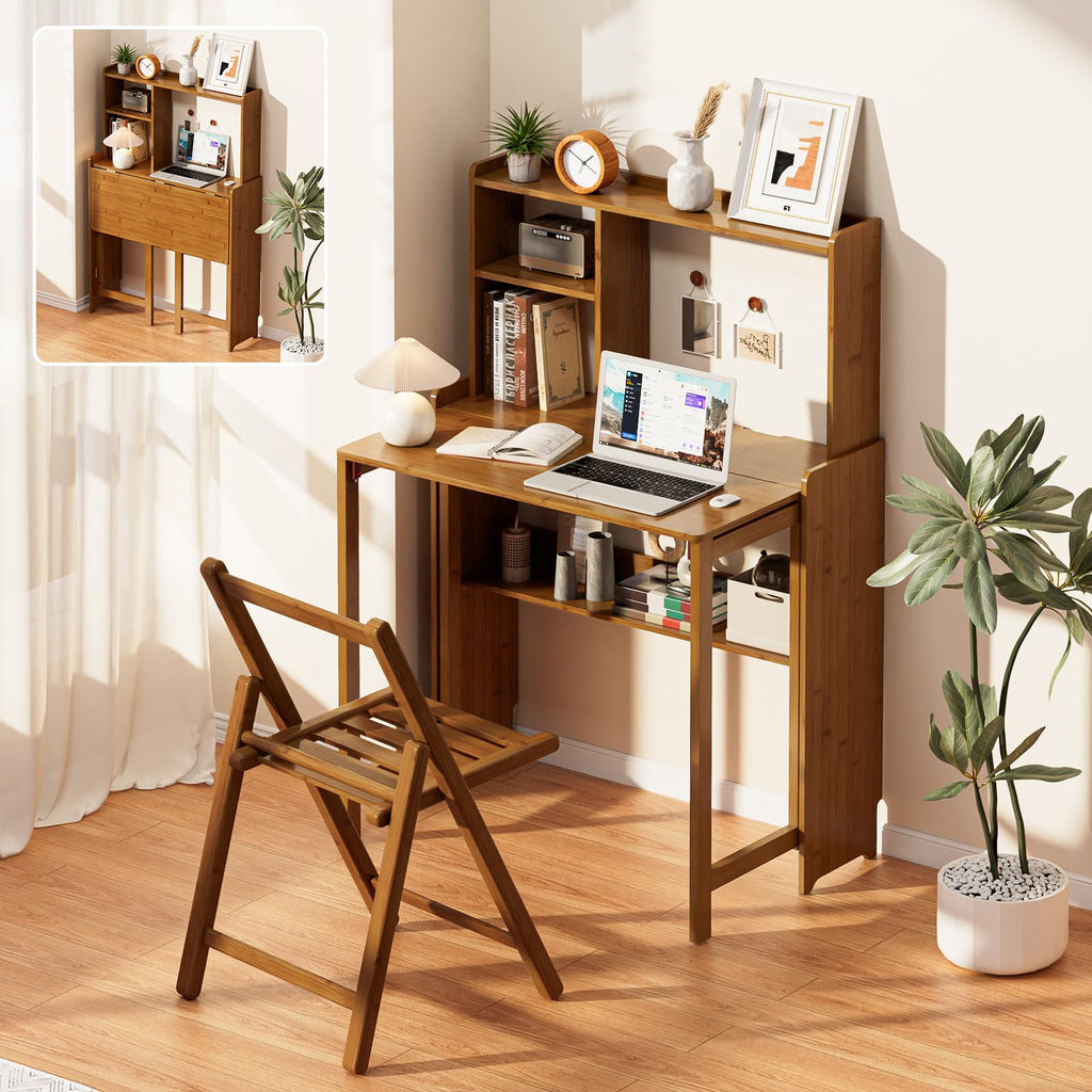 Bamboo Folding Desk for Small Spaces, Mid Century Small Computer Foldable Desk for Bedroom Home Office, Space Saving Sofa Table for Couch, Writing Work Office Desk,Brown