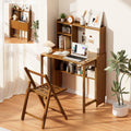 Bamboo Folding Desk for Small Spaces, Mid Century Small Computer Foldable Desk for Bedroom Home Office, Space Saving Sofa Table for Couch, Writing Work Office Desk,Brown