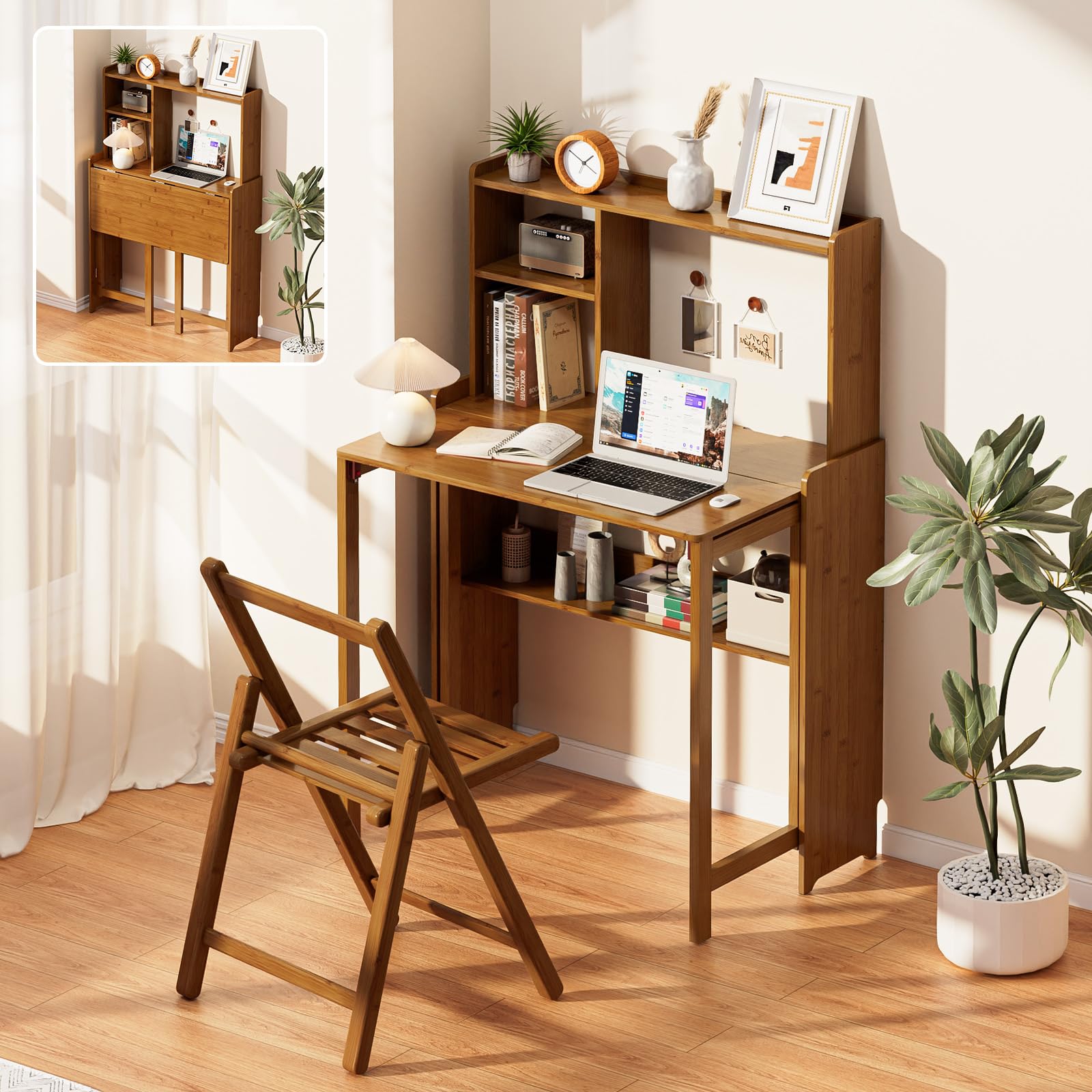 Bamboo Folding Desk for Small Spaces, Mid Century Small Computer Foldable Desk for Bedroom Home Office, Space Saving Sofa Table for Couch, Writing Work Office Desk,Brown