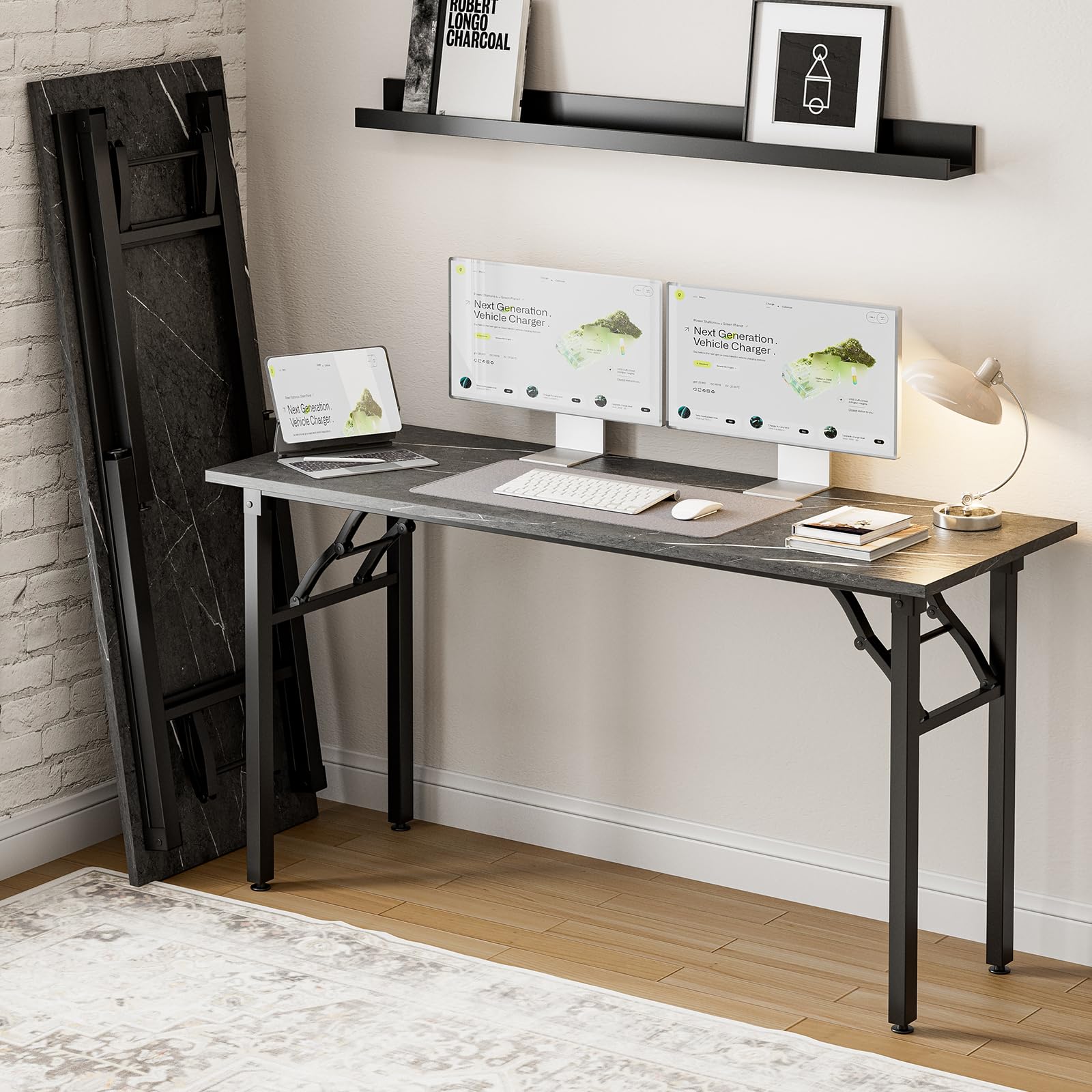 Frylr Small Folding Computer Desk – 35.8 Inch Portable Table for Craft and Study, Lightweight Desk for Small Spaces, Foldable Laptop Table Built-in AC/USB Outlets for Convenience, Dark Walnut