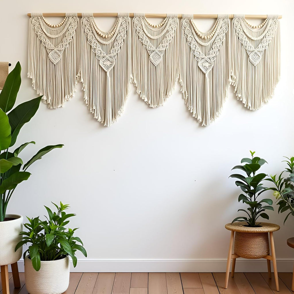 Extral Large macrame wall hanging, 71'' W x 32'' L boho wall art tapestry wall decor for urban entryway,living room,bedroom decor, headboard woven wall art, big fiber art over couch art for Yarn hallway (Wood Bead-B)