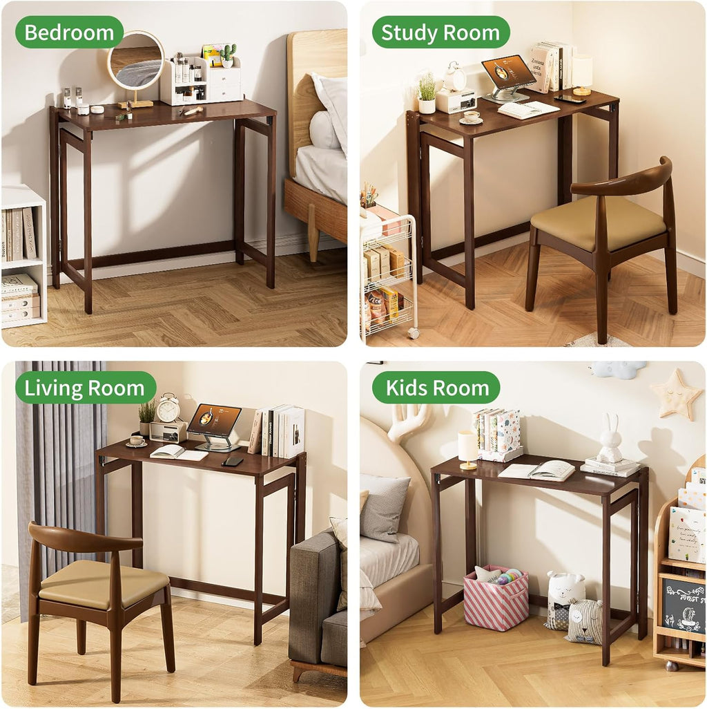 Bamboo Foldable Desk, Folding Desks for Small Spaces, 32.68 Inch Small Foldable Computer Table, Space Saving Sofa Table for Couch, Bedroom or Home Office, Brown