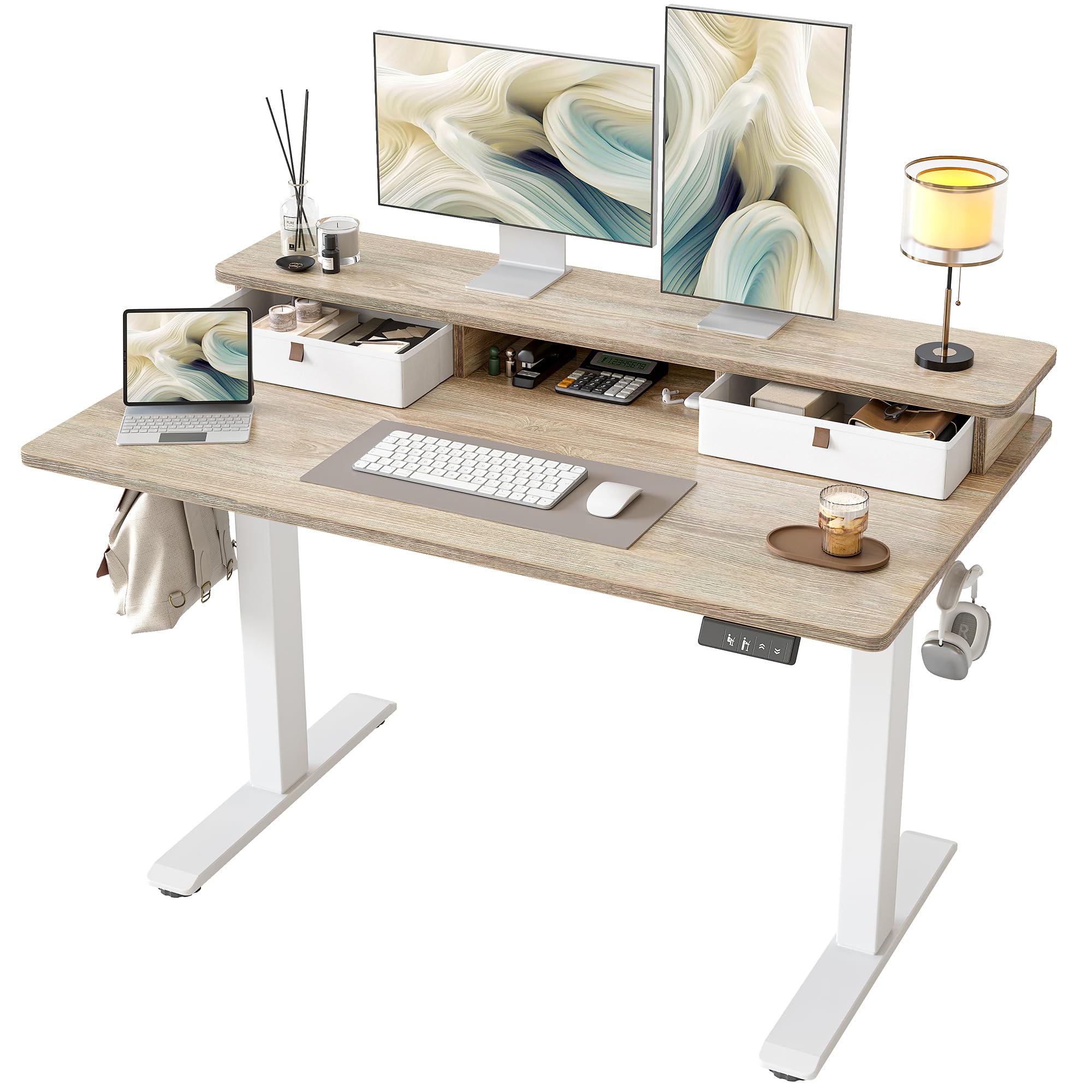 TIQLAB Standing Desk with Two Drawers, Stand Up Standing Desk Adjustable Height, Electric Sit Stand Table with Storage Shelf and Splice Board, 55 * 24 inch, Maple