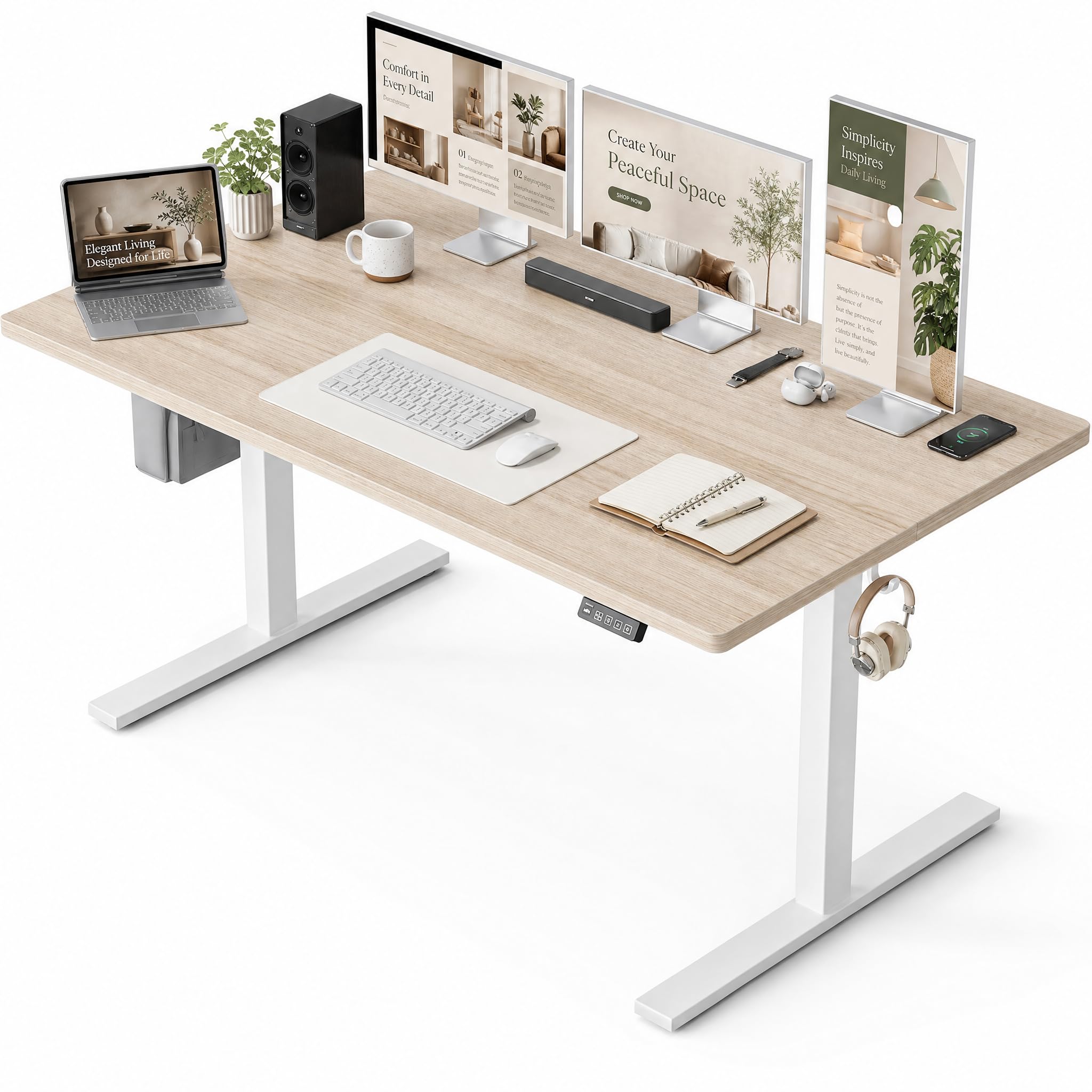 Grandder 55x32 Large Electric Standing Desk, Height Adjustable Computer Desk with 2 Memory Presets, 31.5" Deep Desktop Sit Stand Desk Home Office Desk Workstation Table with Hooks, Oak