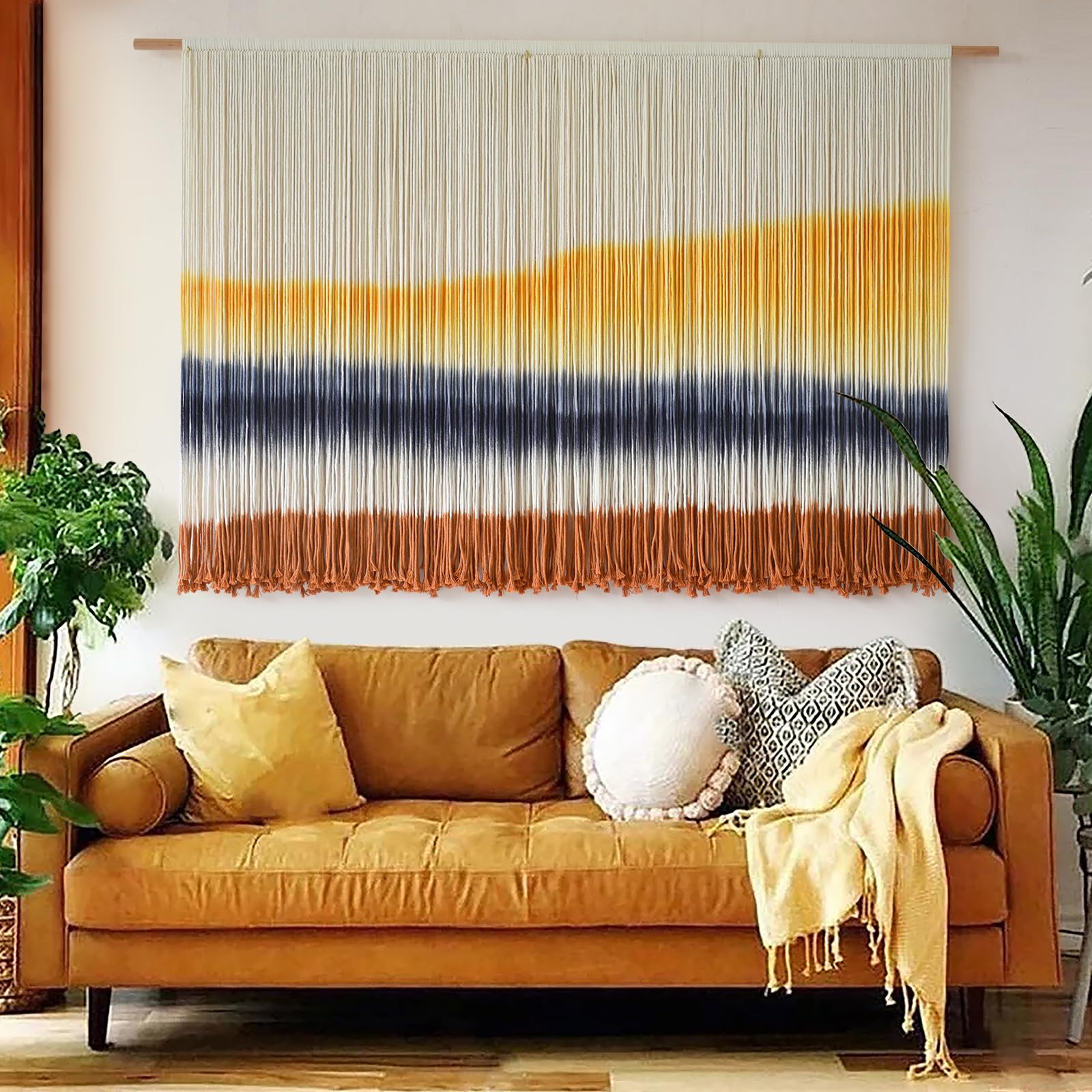 Flber Large Macrame Wall Hanging – Boho Yarn Art Garland with Tassels and Beads, Handmade Rope Decor for Nursery, Party, Wedding, Bedroom, Fireplace Mantel, or Photo Backdrop 57" W x 41" L