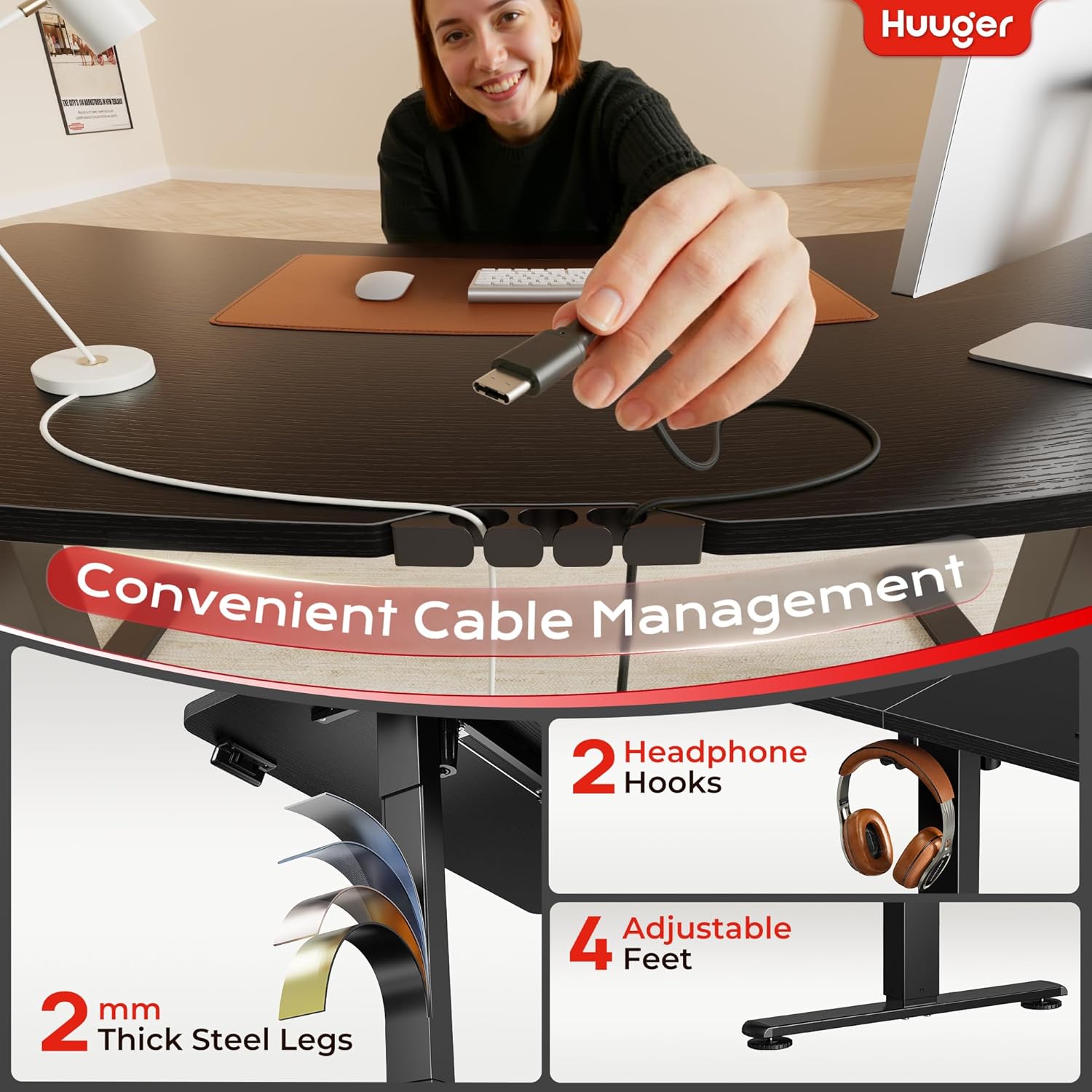 Huuger 47 X 24 Inch Electric Standing Desk with Power Outlets and USB-C Port, Height Adjustable Desk, Sit Stand Desk for Home Office, Computer & Gaming Desk with 4 Presets, Stable Steel Frame, Black