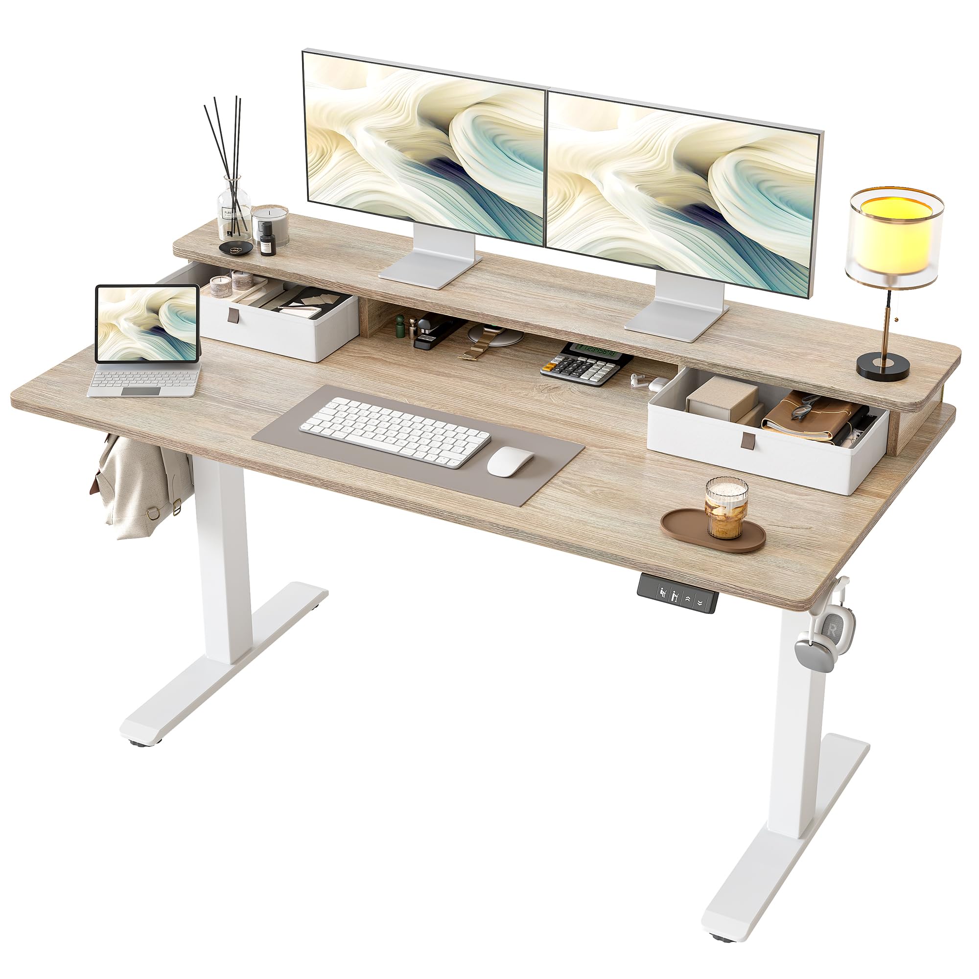 TIQLAB Standing Desk with Two Drawers, Stand Up Standing Desk Adjustable Height, Electric Sit Stand Table with Storage Shelf and Splice Board, 55 * 24 inch, Maple