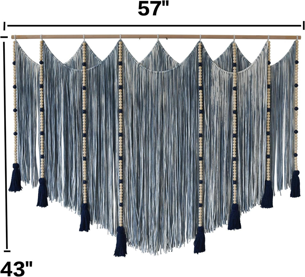 Macrame Wall Hanging Blue dip dye Handcrafted Decorative Art for Living Room Bedroom or Office Boho Chic Modern Wall Decor with Unique Beadwork 57" W × 43" L