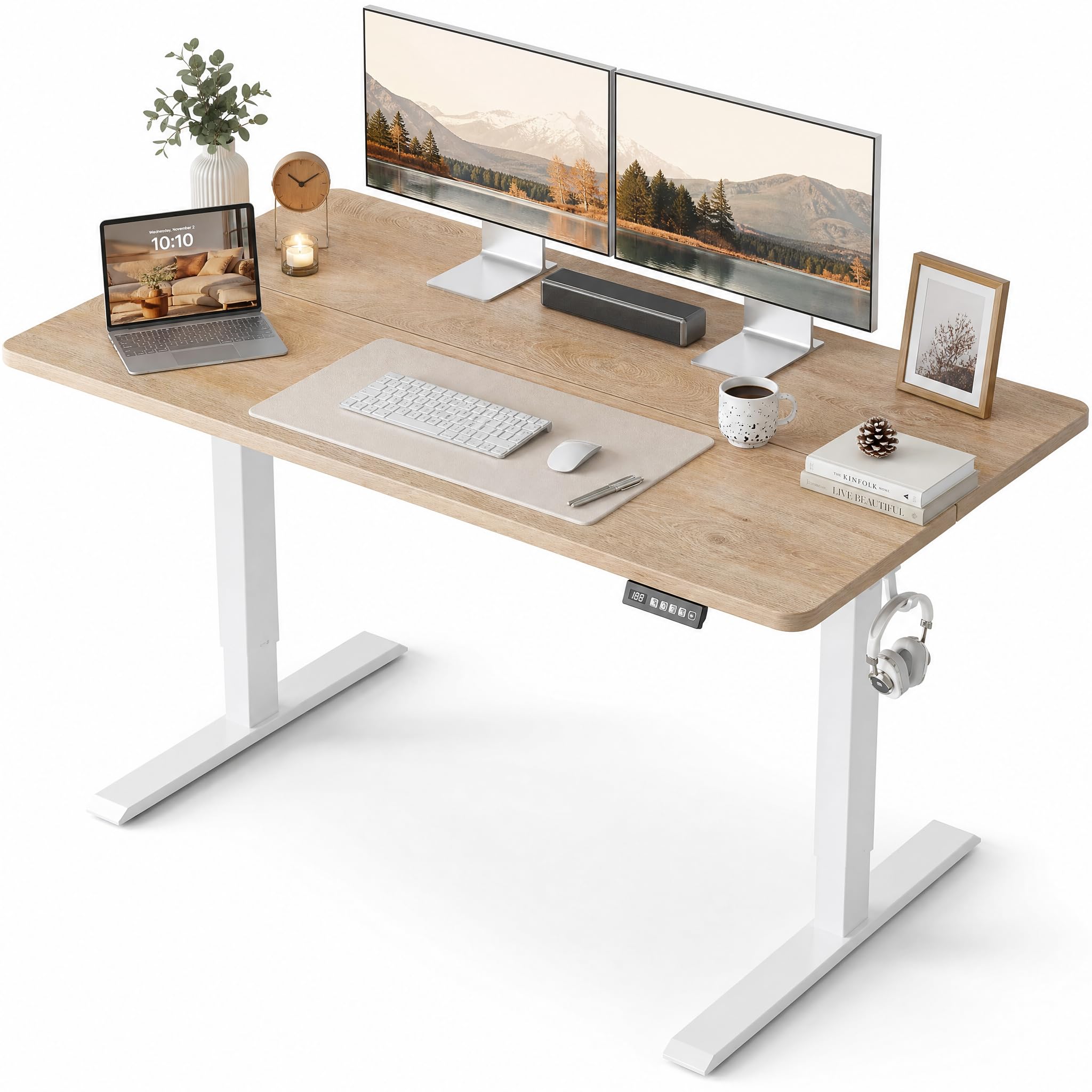 Grandder 55x32 Large Electric Standing Desk, Height Adjustable Computer Desk with 2 Memory Presets, 31.5" Deep Desktop Sit Stand Desk Home Office Desk Workstation Table with Hooks, Oak