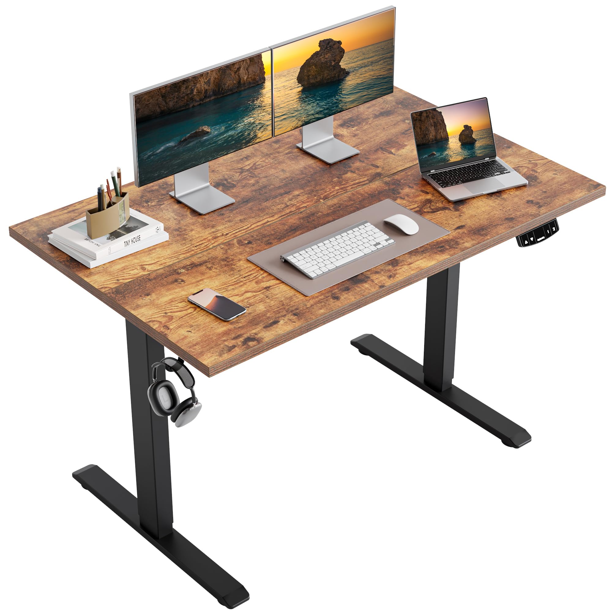 Agilestic Electric Standing Desk, 63 x 24 Inches Height Adjustable Desk, Sit Stand up Desk for Work Office Home, Splice Board, Rustic Brown