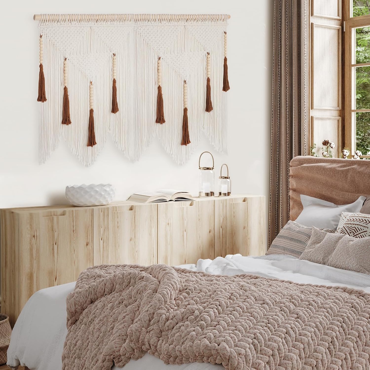 ANROYE Large Macrame Wall Hanging, Boho Woven Tapastry with Wood Bead Tassel, Above Bed Minimalist Decor for Bedroom, Bohemian Art Decoration for Living Room Apartment Home