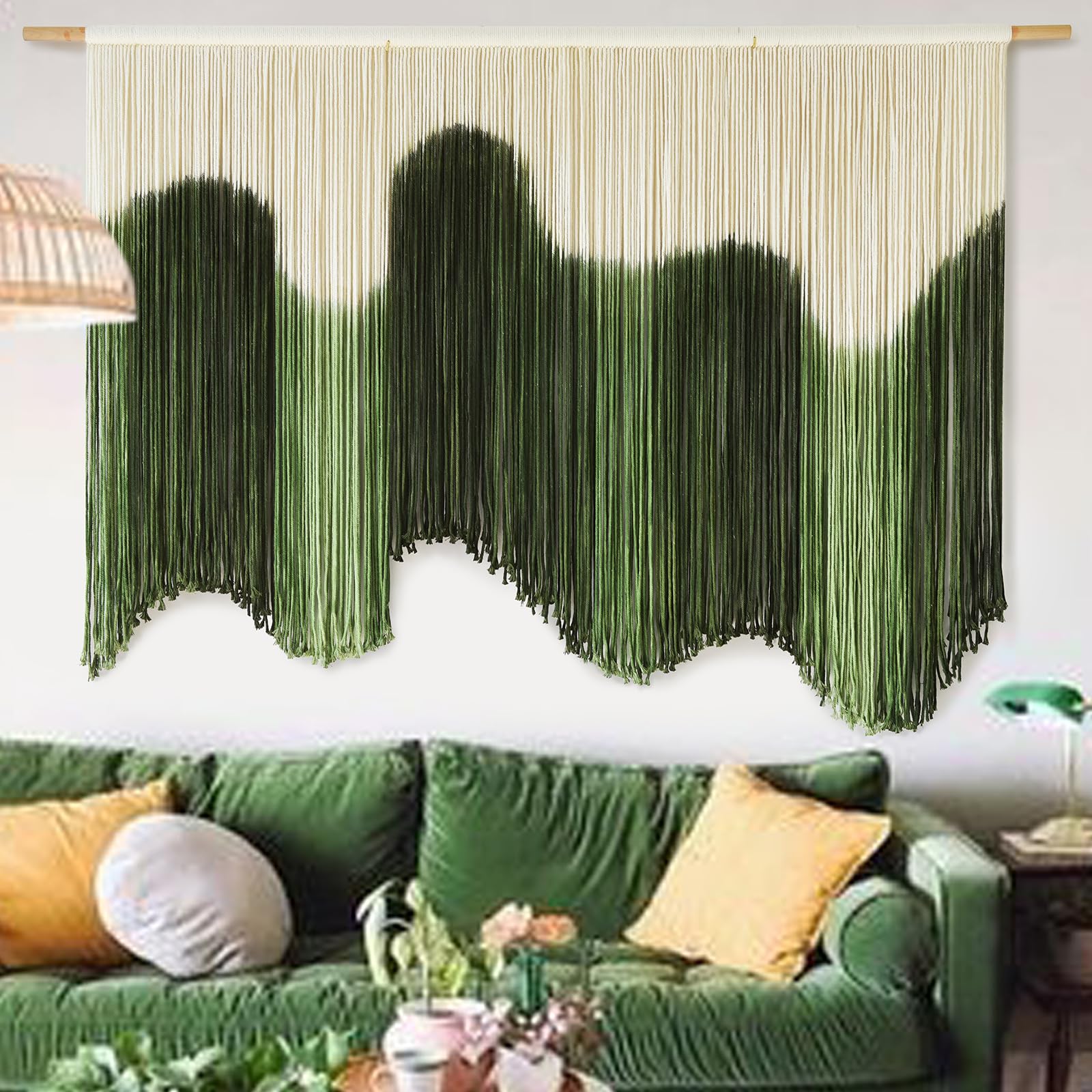 IOWER Large Macrame Wall Hanging Boho Wall Art Green Fiber Dip-Dyed Handmade Macrame Cord for Headboard Bedroom Living Room Fireplace 57" W x 39" L