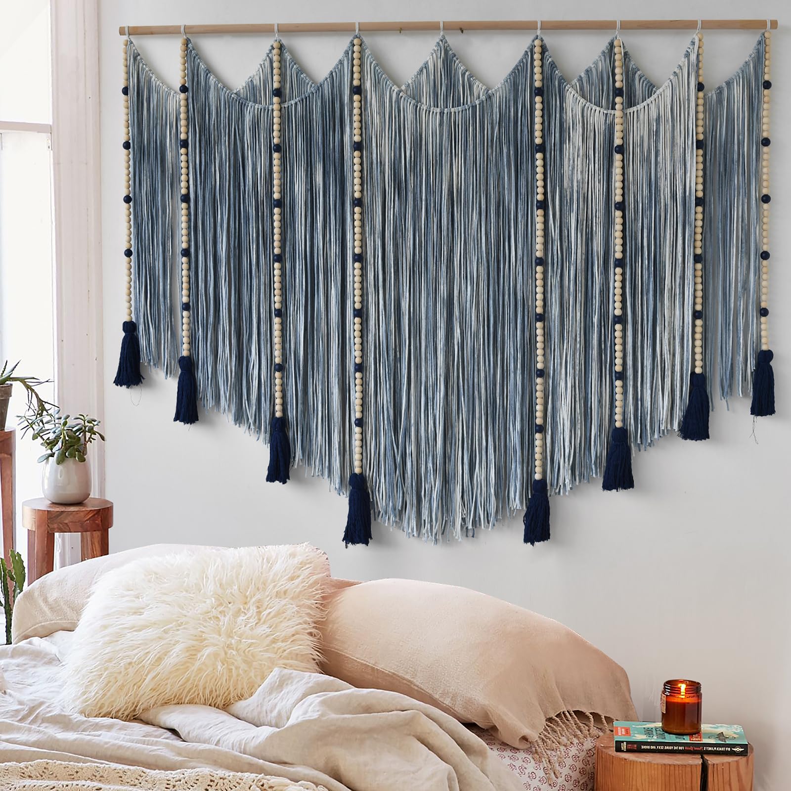 Jakalin Macrame Wall Hanging White Beads Boho Wall Decor for Living Room Bedroom or Nursery Texture Yarn Wall Art 57" W × 43" L