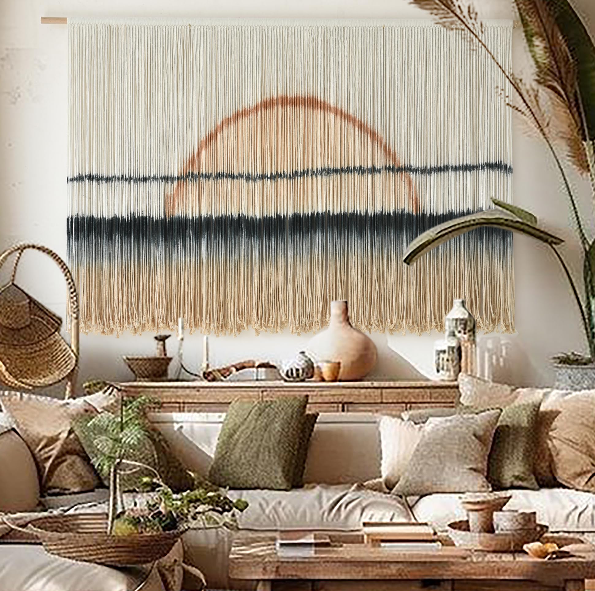 Jakalin Macrame Wall Hanging White Beads Boho Wall Decor for Living Room Bedroom or Nursery Texture Yarn Wall Art 57" W × 43" L