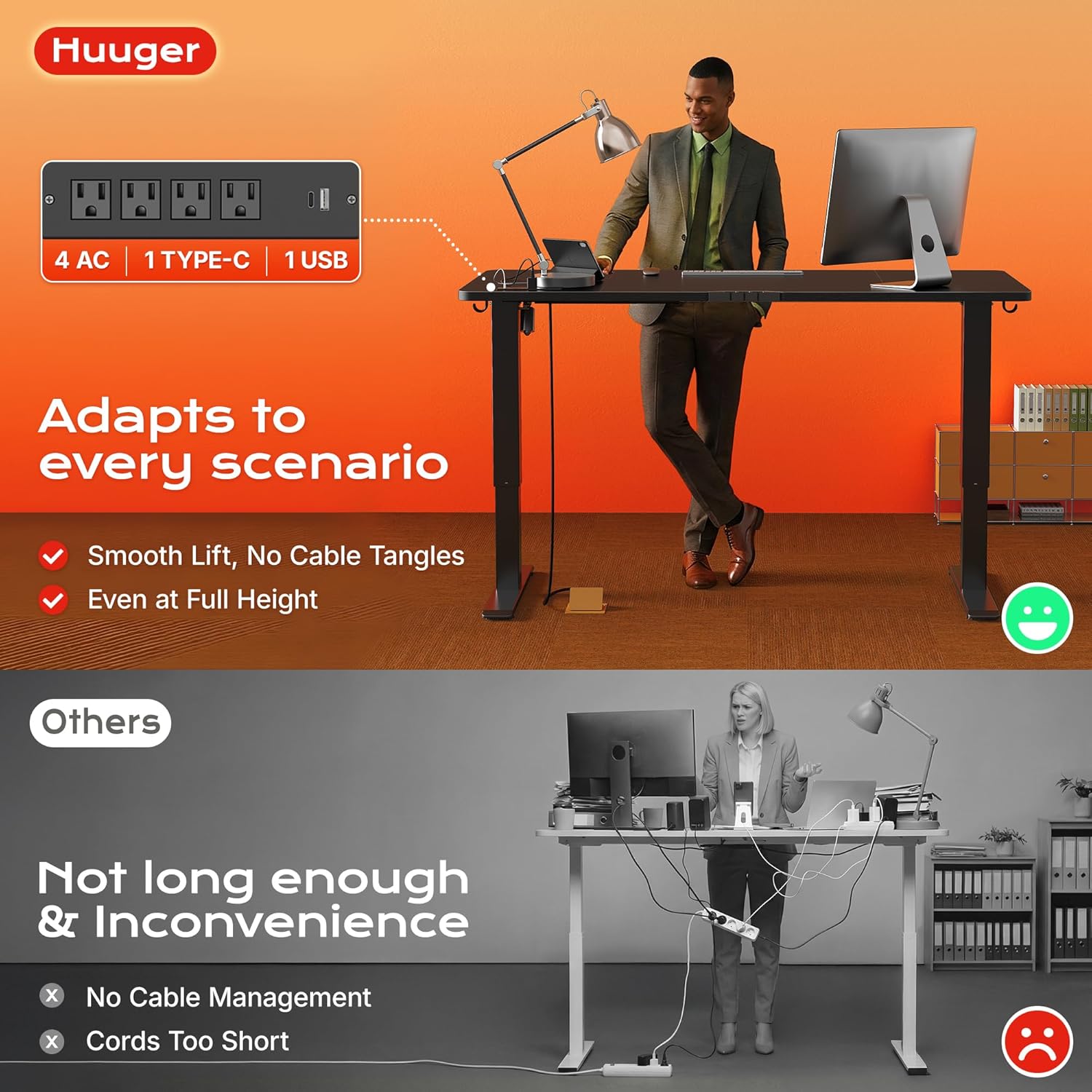 Huuger 47 X 24 Inch Electric Standing Desk with Power Outlets and USB-C Port, Height Adjustable Desk, Sit Stand Desk for Home Office, Computer & Gaming Desk with 4 Presets, Stable Steel Frame, Black