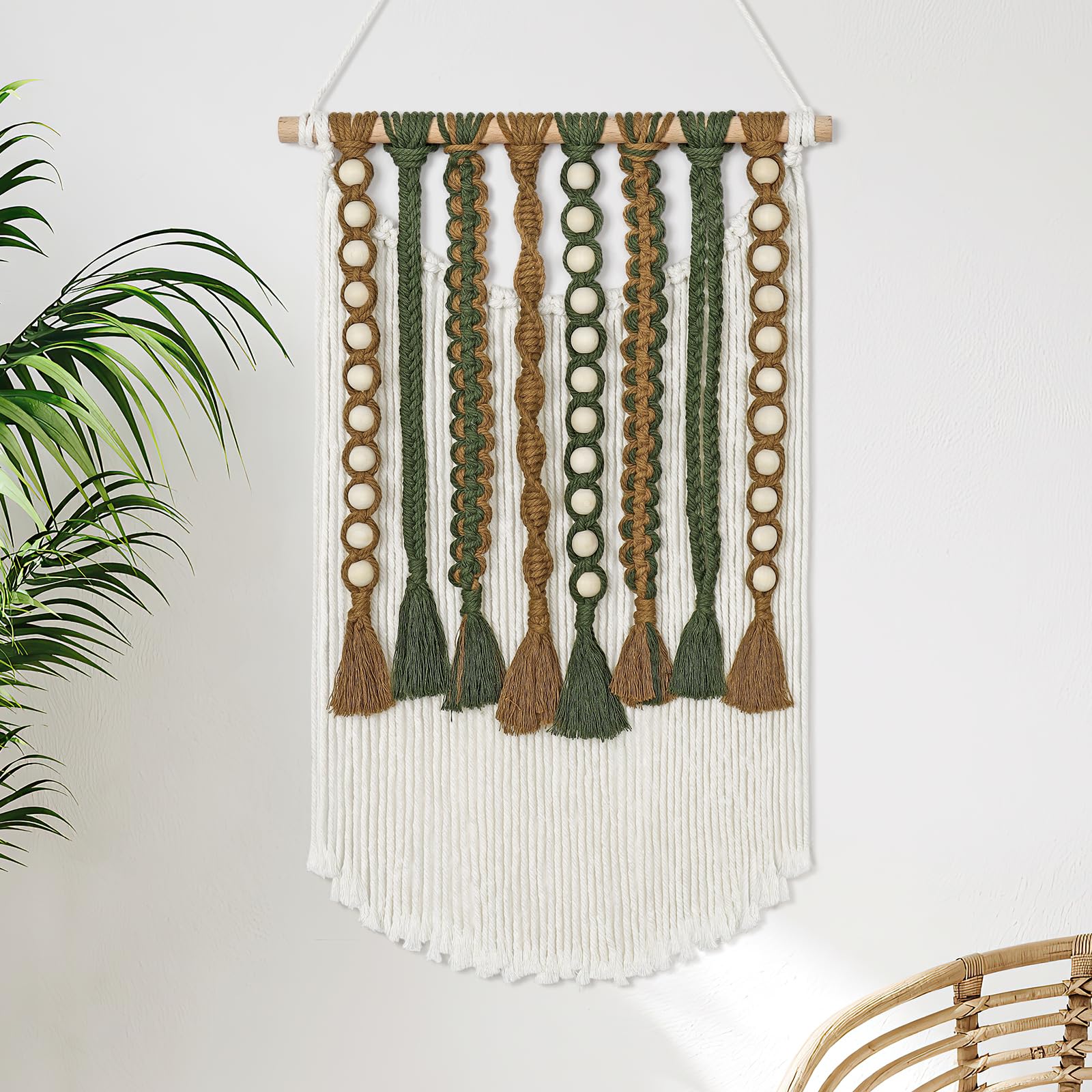 LOMOHOO Macrame Wall Hanging Boho Handmade Geometric Woven Tapestry Bohemian Wall Art Decor with Chic Wooden Beads Home Decor for Bedroom Living Room Apartment Dorm Gallery Wedding 16.5"x30"