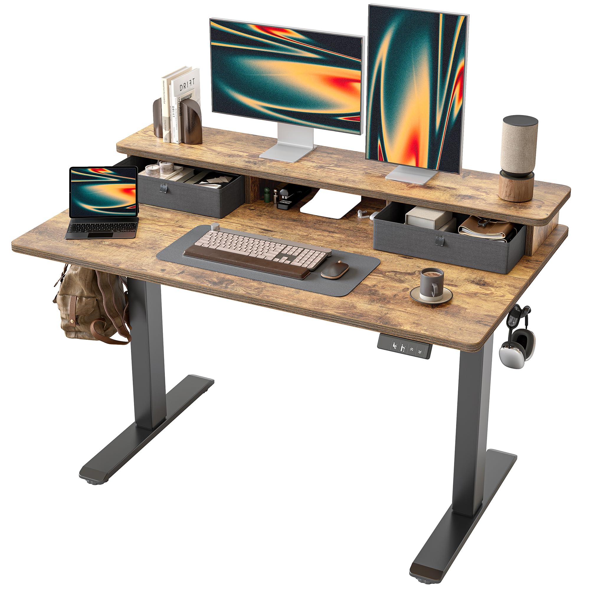 TIQLAB Standing Desk with Two Drawers, Stand Up Standing Desk Adjustable Height, Electric Sit Stand Table with Storage Shelf and Splice Board, 55 * 24 inch, Maple