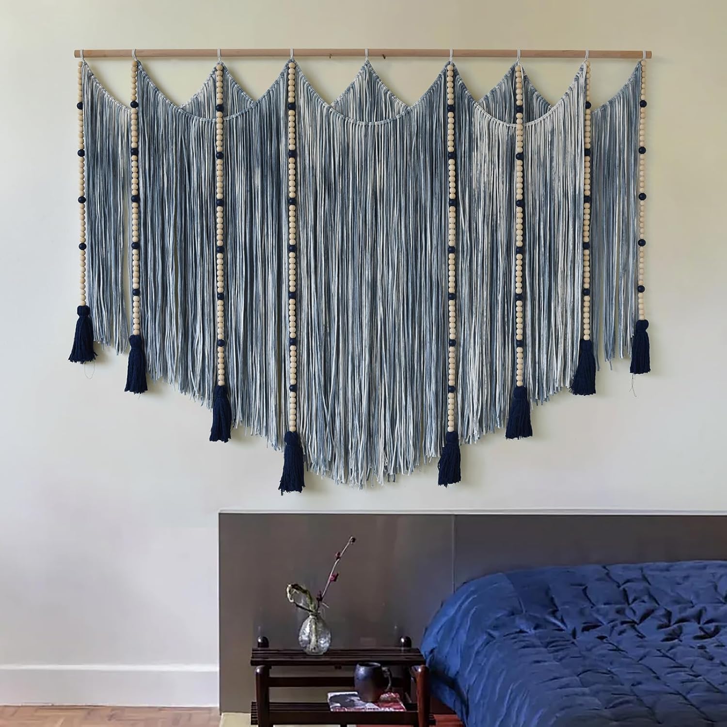 Macrame Wall Hanging Blue dip dye Handcrafted Decorative Art for Living Room Bedroom or Office Boho Chic Modern Wall Decor with Unique Beadwork 57" W × 43" L