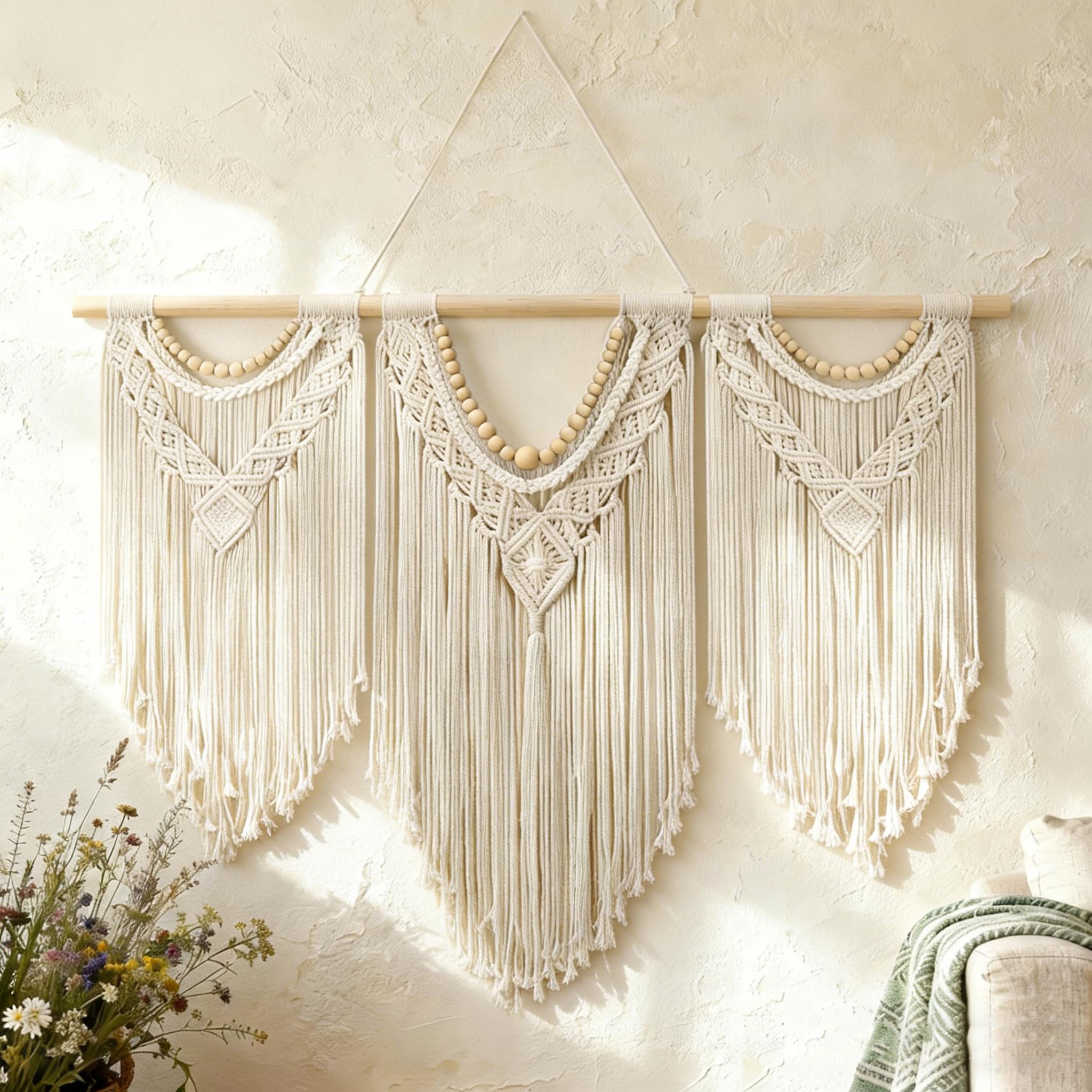 Tempospark Large Macrame Wall Hanging, 43" Wx32 L Boho Wall Hangings for Living Room Bedroom Nursery, Boho Chic Large Macrame Tapestry for Bedroom Wall Decor (Leaf Bead)