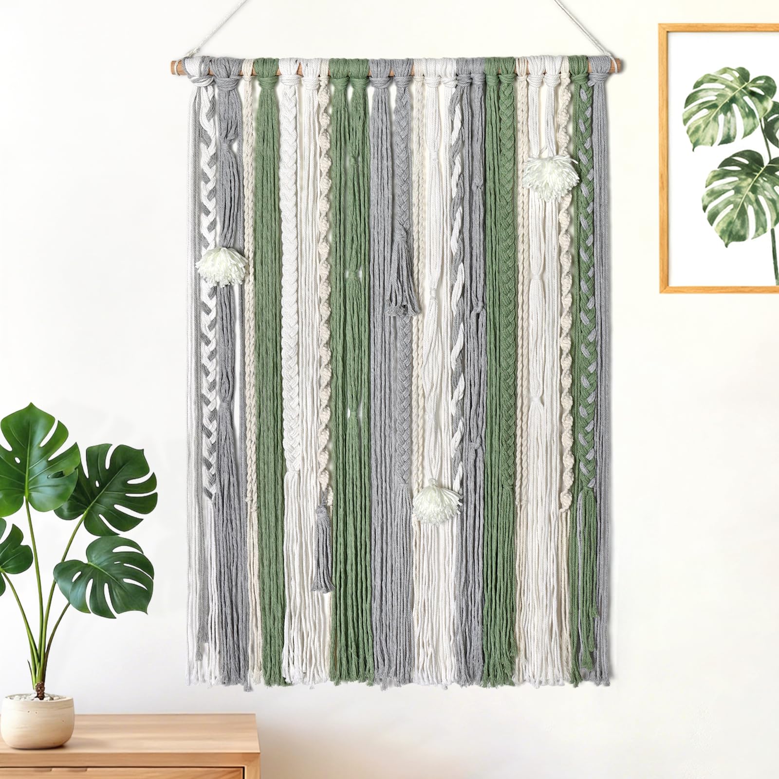 LOMOHOO Macrame Wall Hanging Boho Handmade Geometric Woven Tapestry Bohemian Wall Art Decor with Chic Wooden Beads Home Decor for Bedroom Living Room Apartment Dorm Gallery Wedding 16.5"x30"