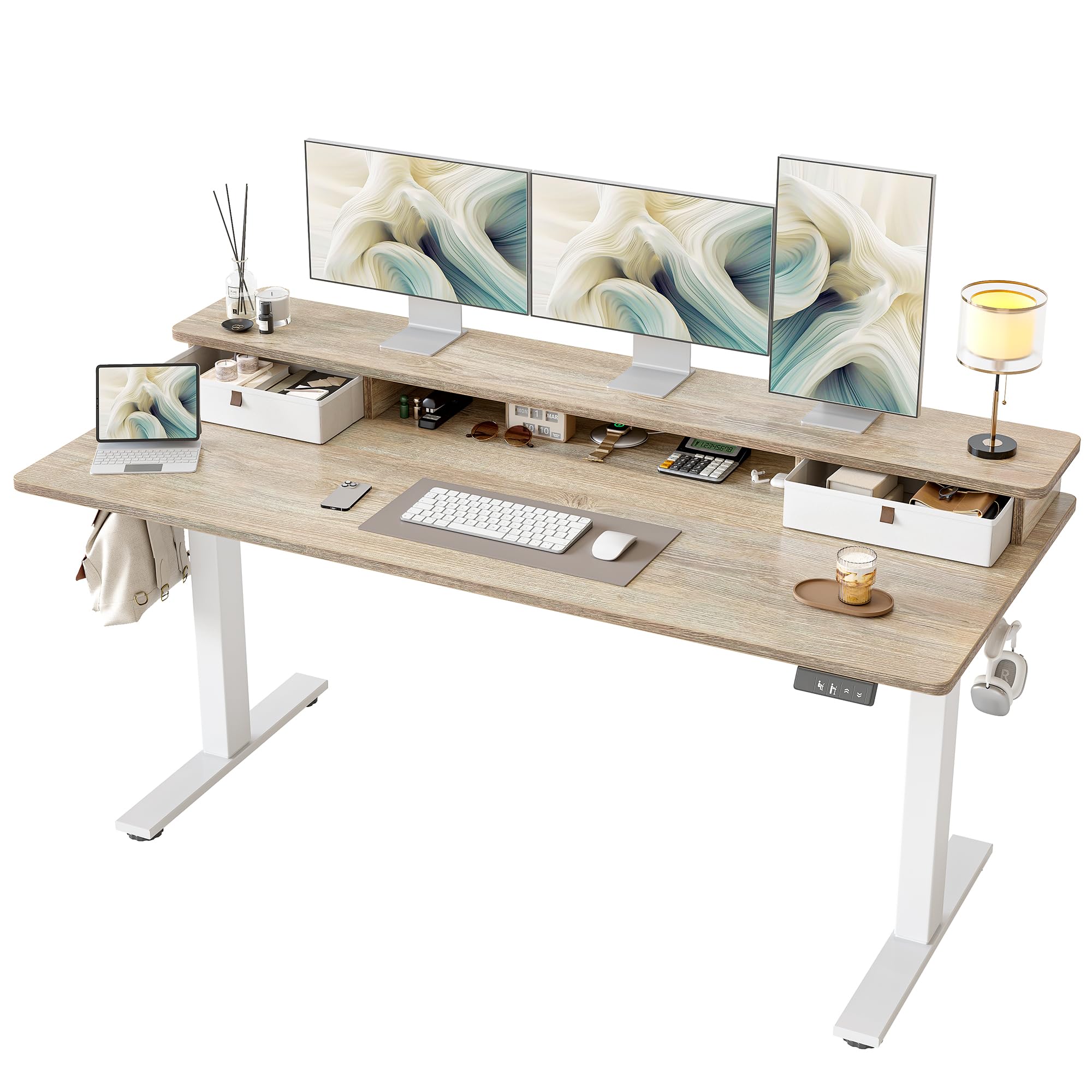 TIQLAB Standing Desk with Two Drawers, Stand Up Standing Desk Adjustable Height, Electric Sit Stand Table with Storage Shelf and Splice Board, 55 * 24 inch, Maple