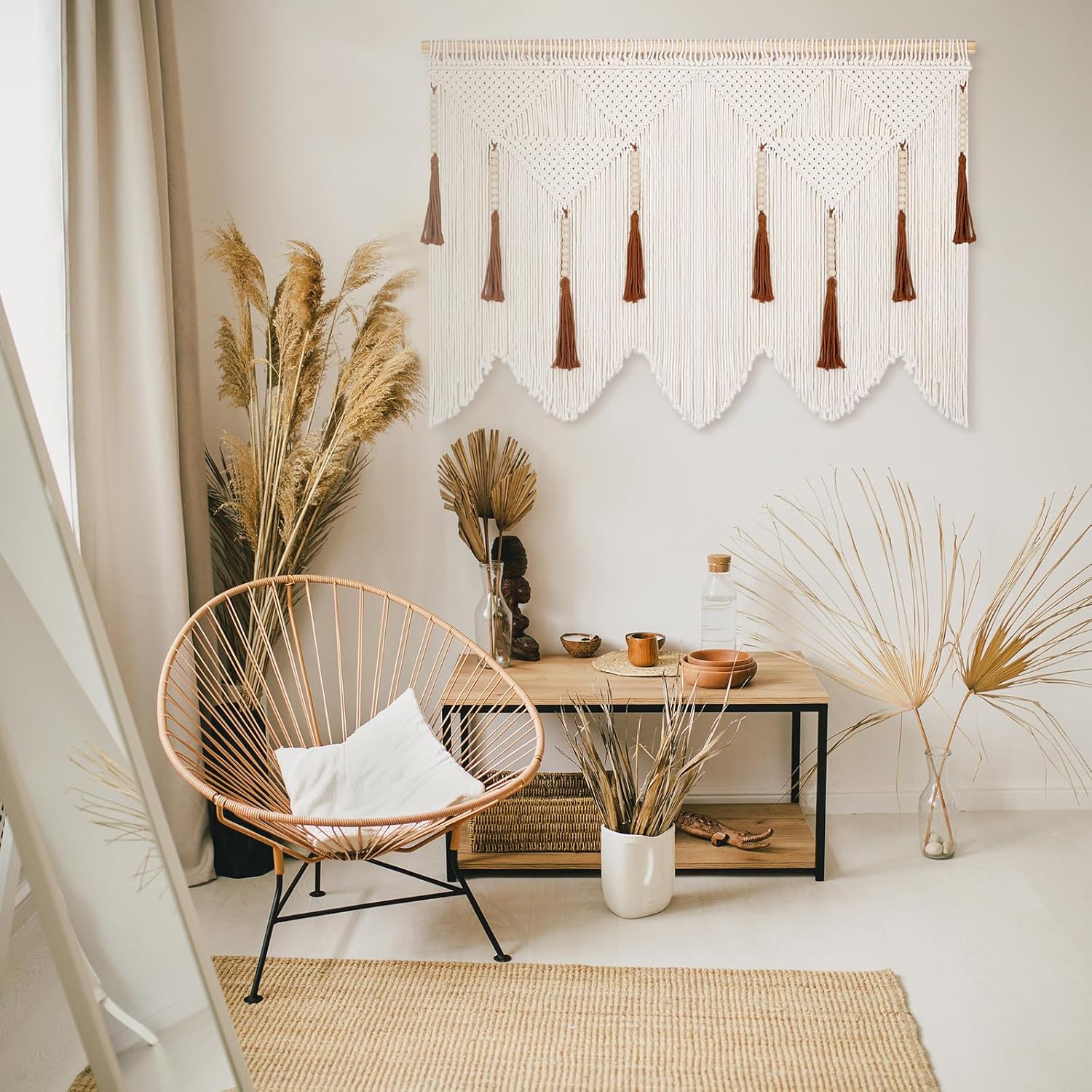 ANROYE Large Macrame Wall Hanging, Boho Woven Tapastry with Wood Bead Tassel, Above Bed Minimalist Decor for Bedroom, Bohemian Art Decoration for Living Room Apartment Home