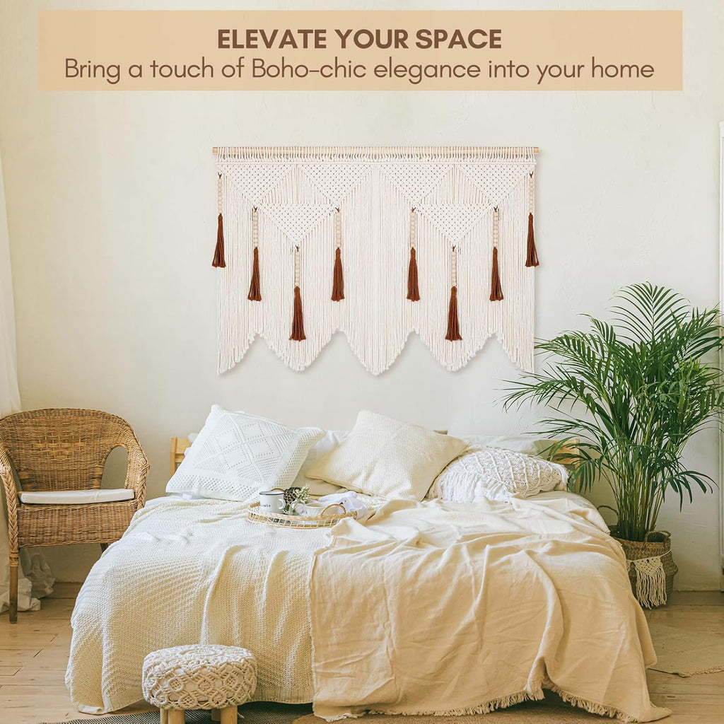ANROYE Large Macrame Wall Hanging, Boho Woven Tapastry with Wood Bead Tassel, Above Bed Minimalist Decor for Bedroom, Bohemian Art Decoration for Living Room Apartment Home